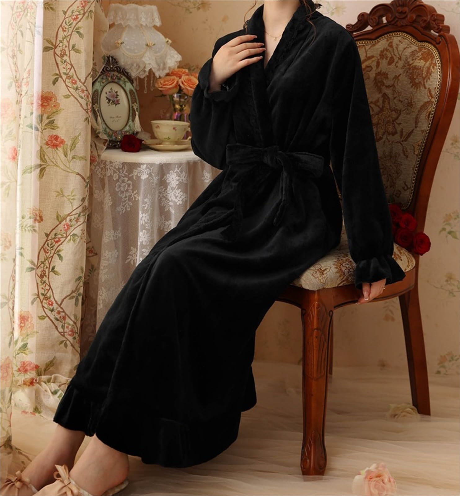 Albornoz Ducha Bata con Volantes For Mujer, Albornoz Largo Suave De Felpa, Lana Cálida, Camisón For Niñas Accappatoio para Viajes(Black,Large)