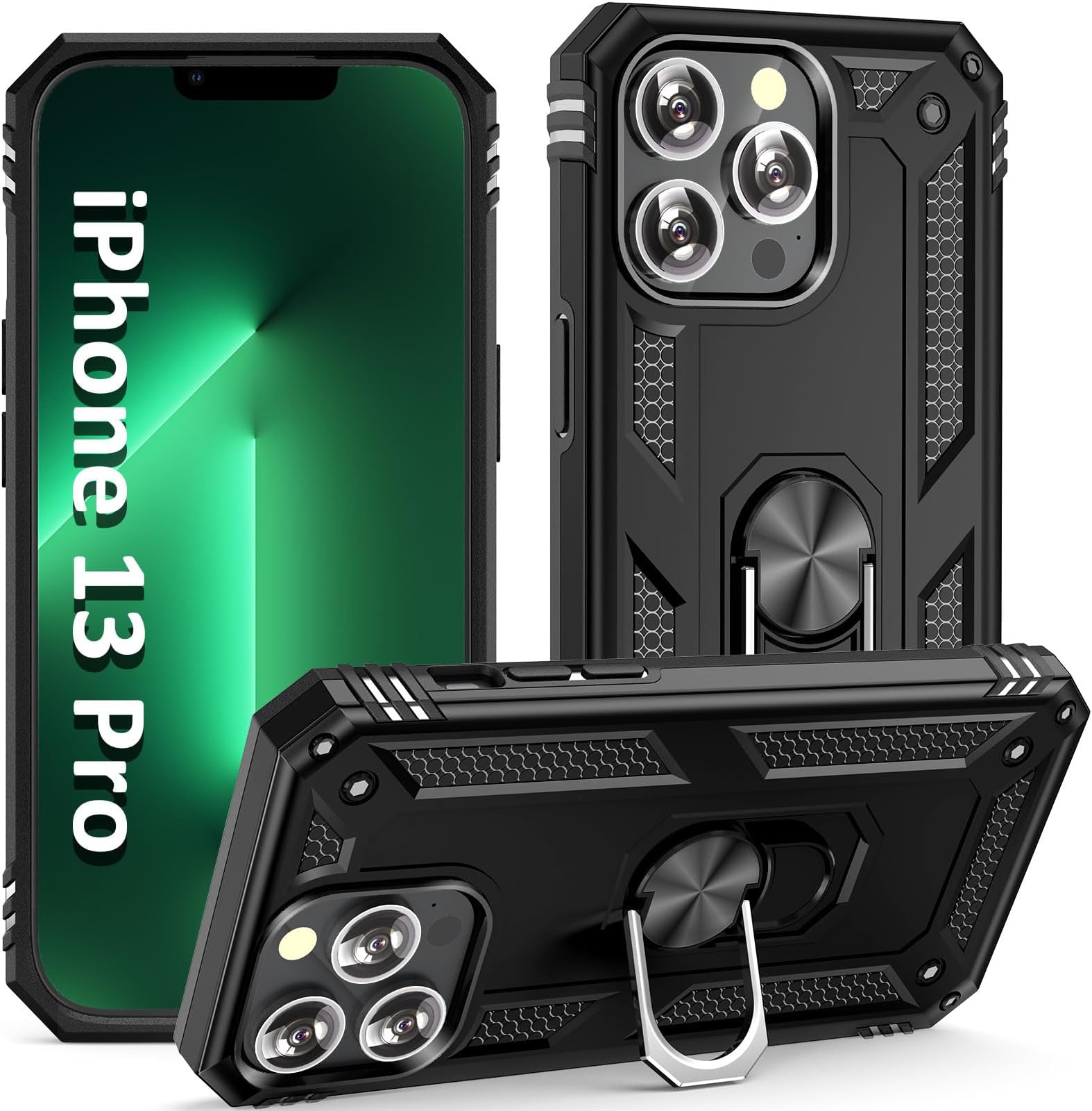 ADDIT i Phone13 Pro Case, for iPhone 13 Pro Case,with Kickstand Ring,Adjustable Stand,Military Grade,Heavy Duty Protection,Shockproof,Anti-Fingerprint,Support Magnet Car Mount,Black