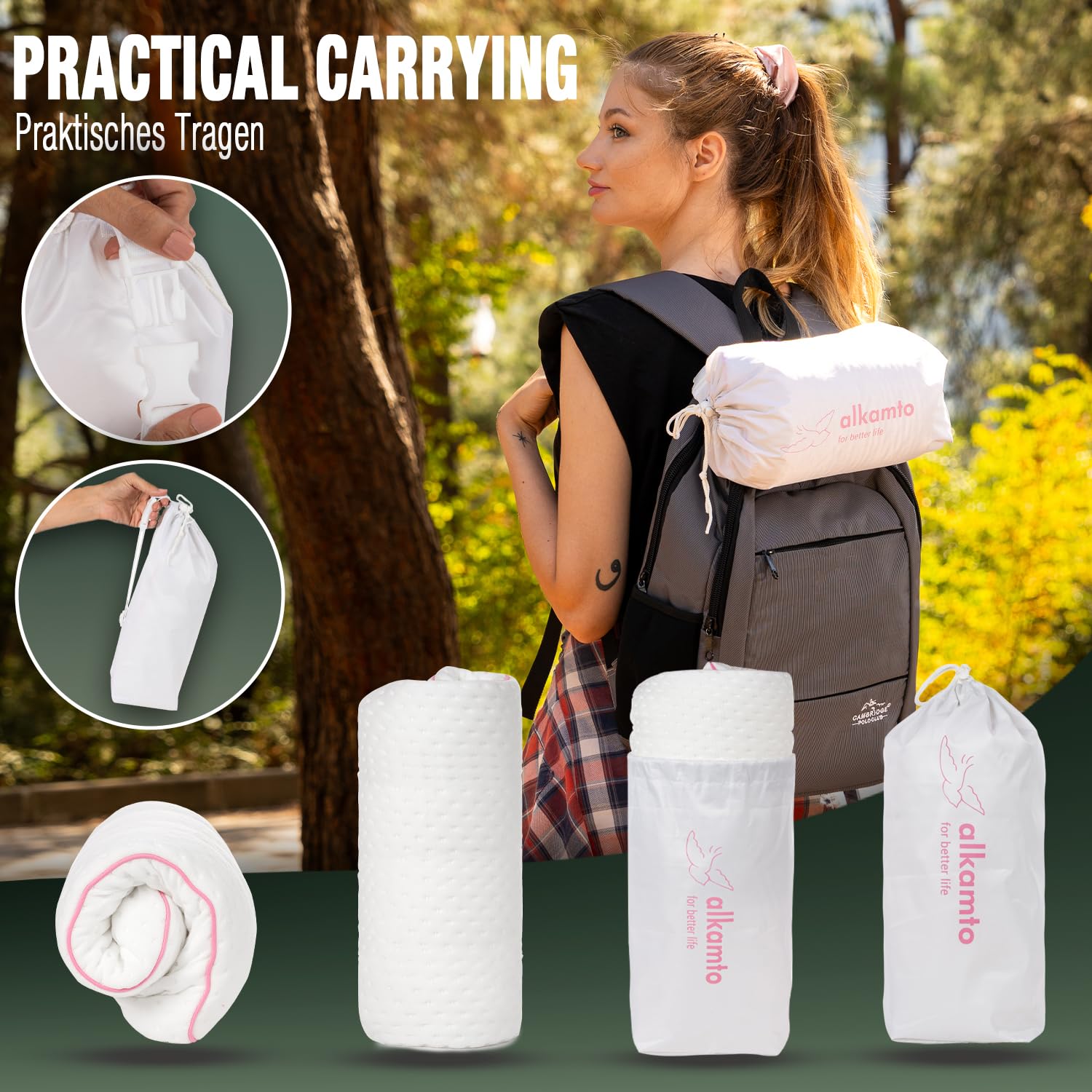 alkamto Cuscino da Viaggio Cuscino da Campeggio – Memory Foam con Federa in Cotone Extra – Borsa Inclusa (40x25x10 cm Rosa)