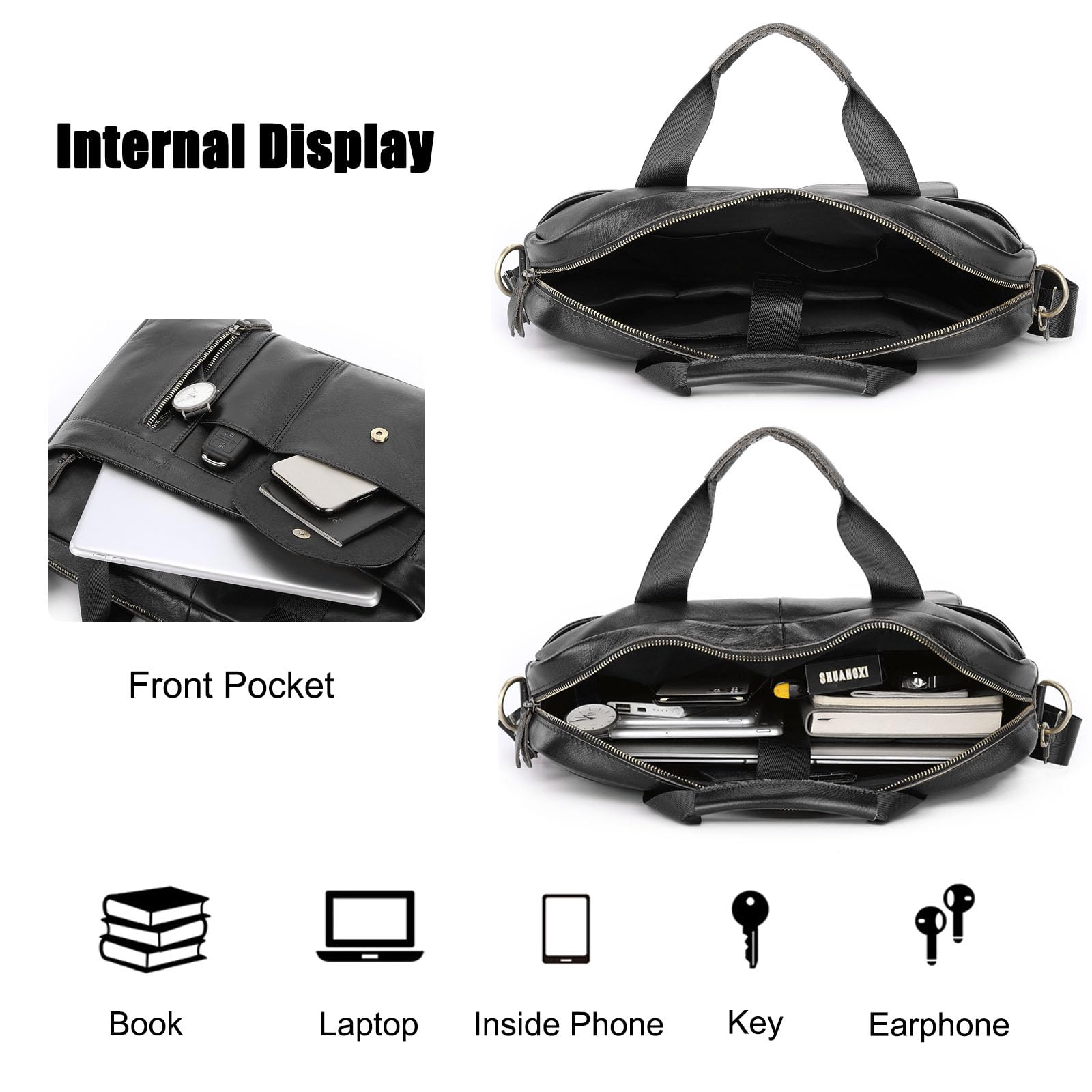 FANDARE Sac à Main Business Porte-Document Homme Sacoche Femme Cuir Véritable Cartable Sacoche Ordinateur Portable Mallette Affaires Sac Bandoulière pour Collège Cours Travail Business Voyage Noir