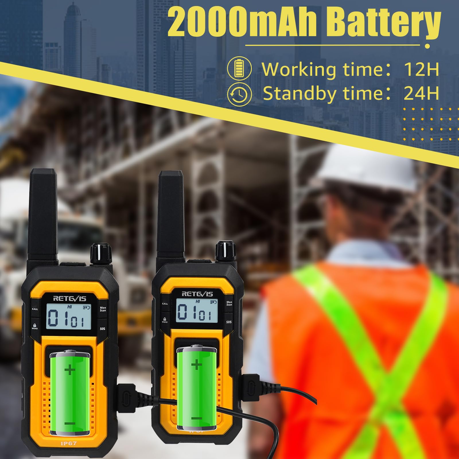Retevis RB648 Walkie Talkie Impermeabile, Walkie Talkies Resistente, Tripla Prova Avanzata, IP67 Doppio PTT, Vibrazione SOS, Radio Bidirezionale 2000 mAh con Auricolare per Cantiere (2 Pezzi, Giallo)