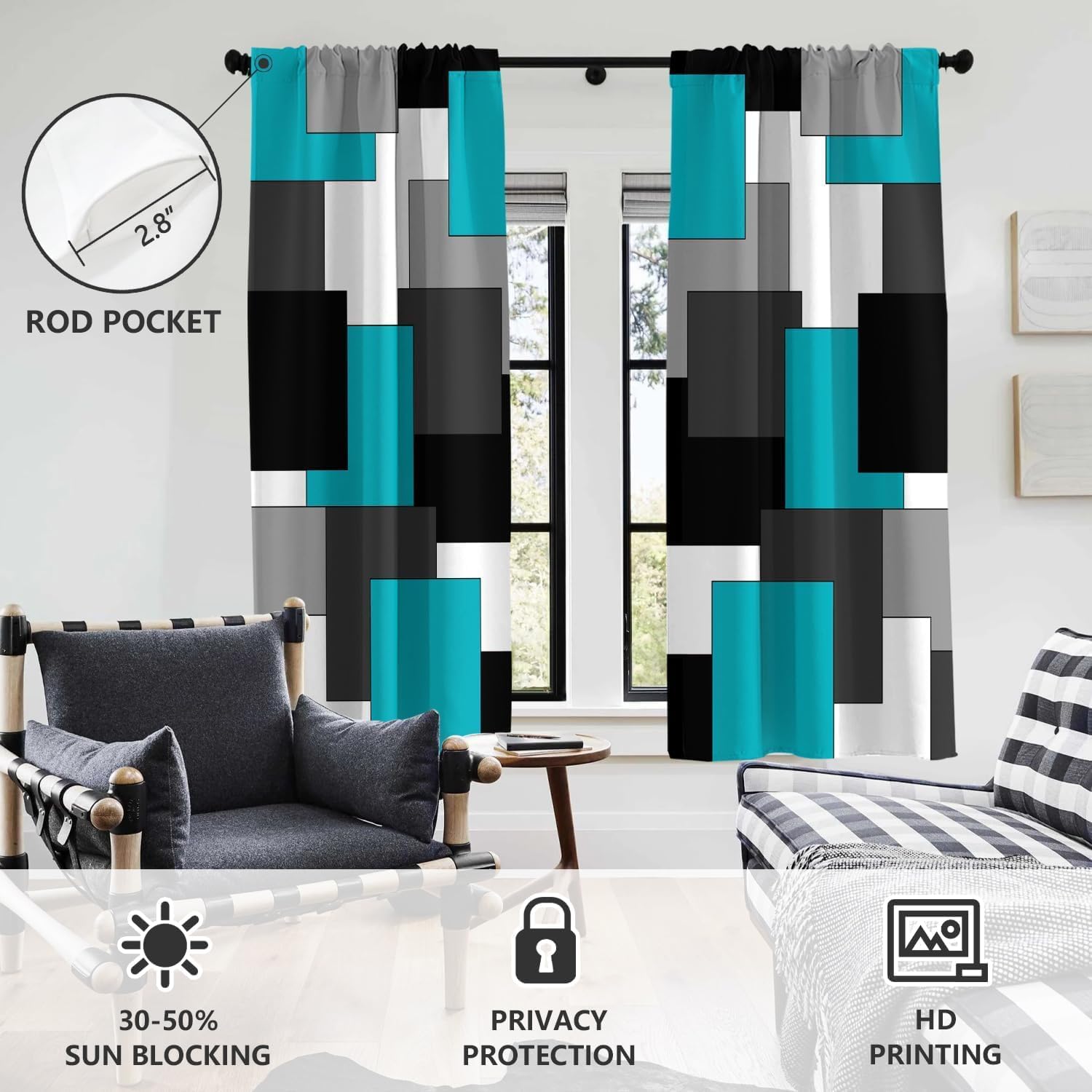 AAtter Teal and Black Window Curtain Turquoise Aqua Grey Gray White Dark Abstract Modern Mens Boy Masculine Living Room Bedroom Drapes Treatment Fabric 1 Pair Home Decor, 42" W x 63" L, Teen