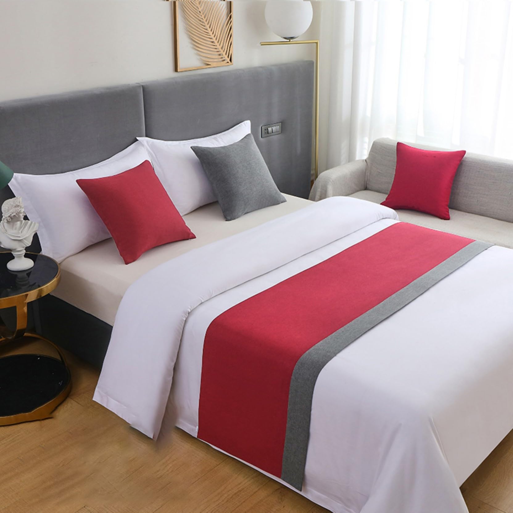 HLASMSPE Cotton Linen Bed Runner Throw, Bedspread Decor Bed Scarf Modern Bedding Cover Protection for Hotel Wedding, Red Grey, 50x180cm bed runner for 1.2m bed