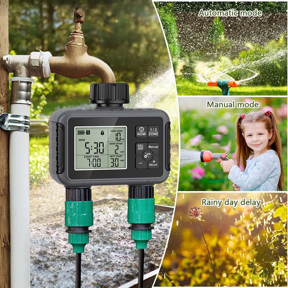 Centralina Irrigazione 2 Zone,Timer Irrigazione,Avere IPX5 Funzione Impermeabile con Programmatore Irrigazione Giardino,Timer Irrigazione Automatica Digitale,Per Prato, Giardino, Piscina