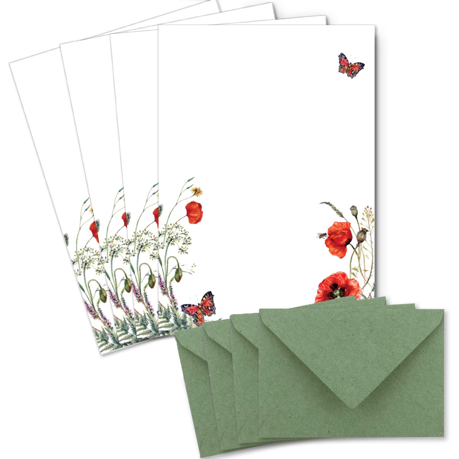 Juego de 200 pliegos de papel de carta, DIN A4, papel natural, diseño de amapola, con sobres DIN C6 en papel de estraza verde, imprimible, ideal para invitaciones de boda