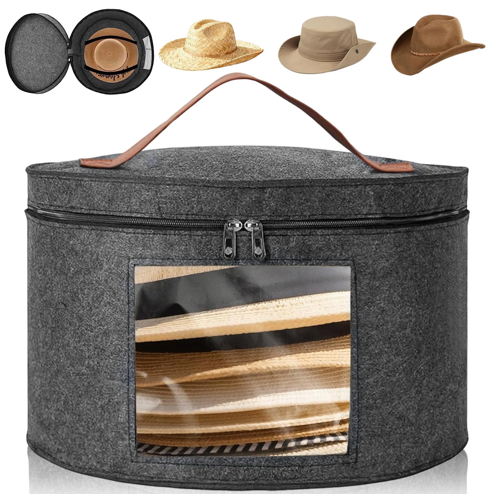Hat Boxes with Lids & Carry Handle & Transparent Window & Zip, 43x26cm Foldable Felt Round Hats Storage Box, Dark Gray Soft Baseball Cap Organizer for Wardrobe Organization Storing Clothes Toys Travel