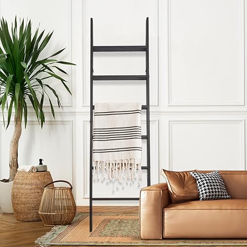 Miniatura 6 de Escalera para mantas, soporte de edredón de madera de 6 niveles, estante decorativo para escalera, estante inclinado, estante de almacenamiento de