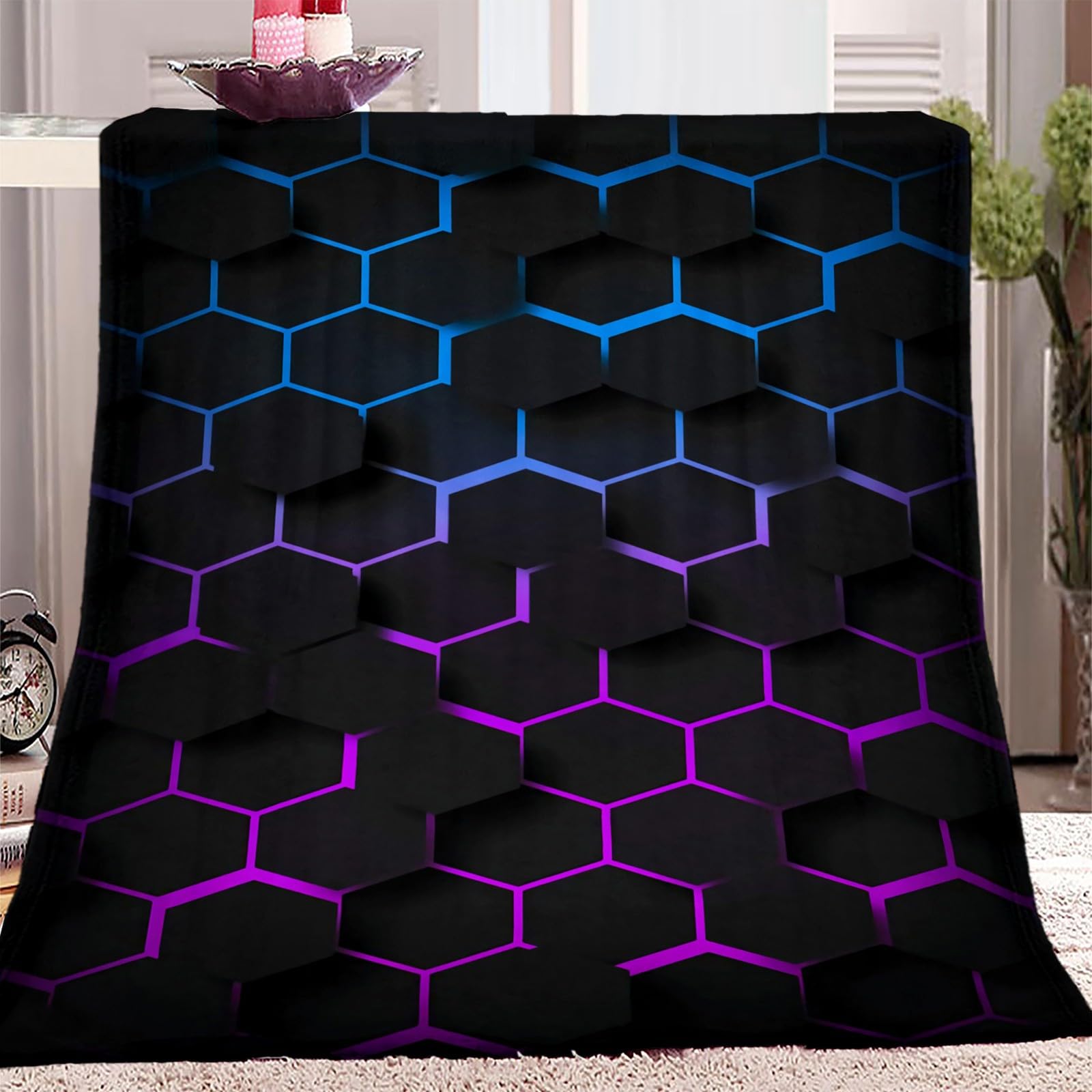 Cozyrest Tech Style Geometric Honeycomb 4 Throw Blanket 130X150 Cm, Tech Style Geometric Honeycomb Soft Flannel Fleece Blanket For Adults And Kids, Blanket For Better Sleep And Relieve Stress Sherpa Throw Blanket For Travel Sofa
