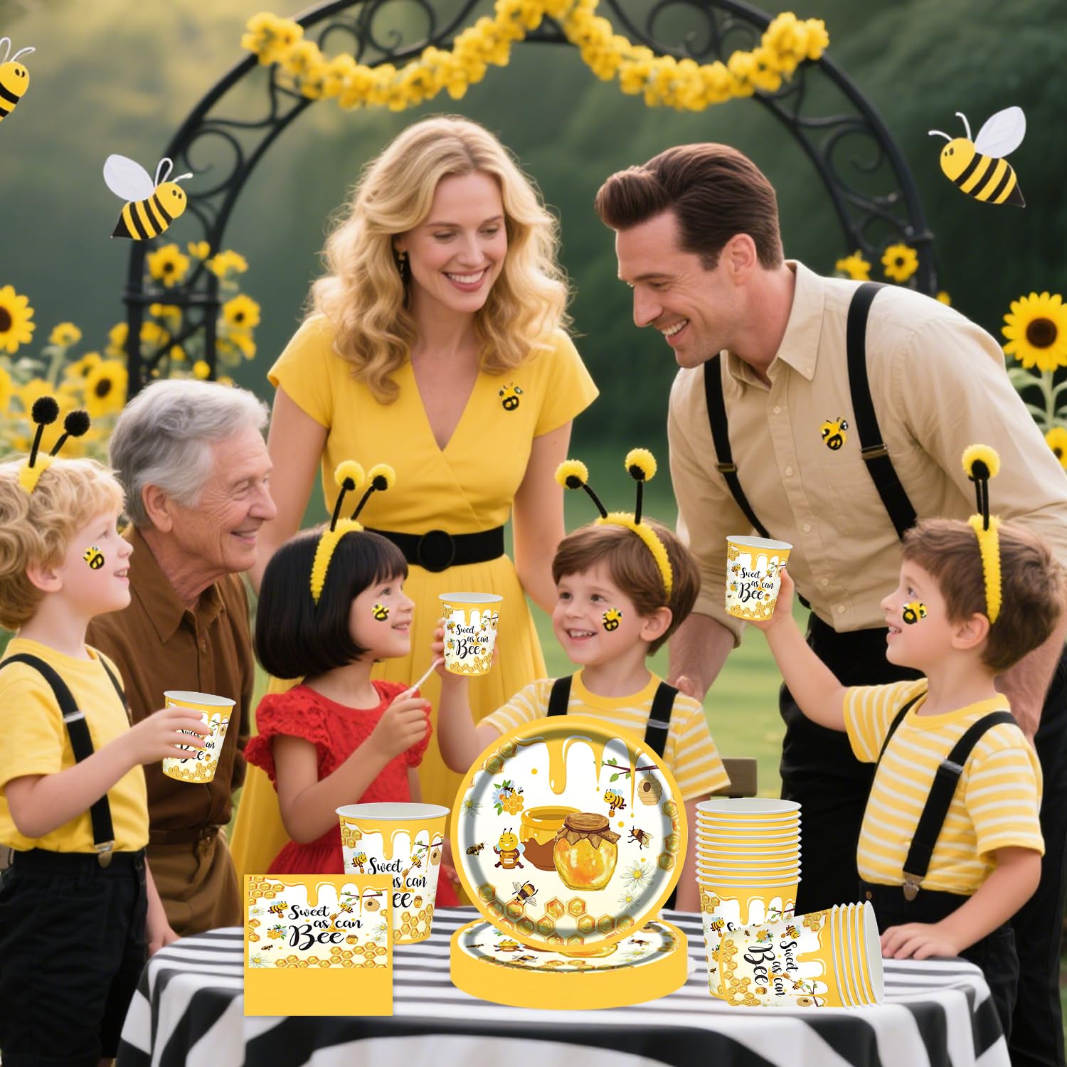 Set di stoviglie per feste di ape, 61 pezzi, decorazioni per feste di compleanno, piatti di carta, asciugamani di carta, tovaglie, primavera, pic-nic a tema stoviglie, battesimo di un bambino
