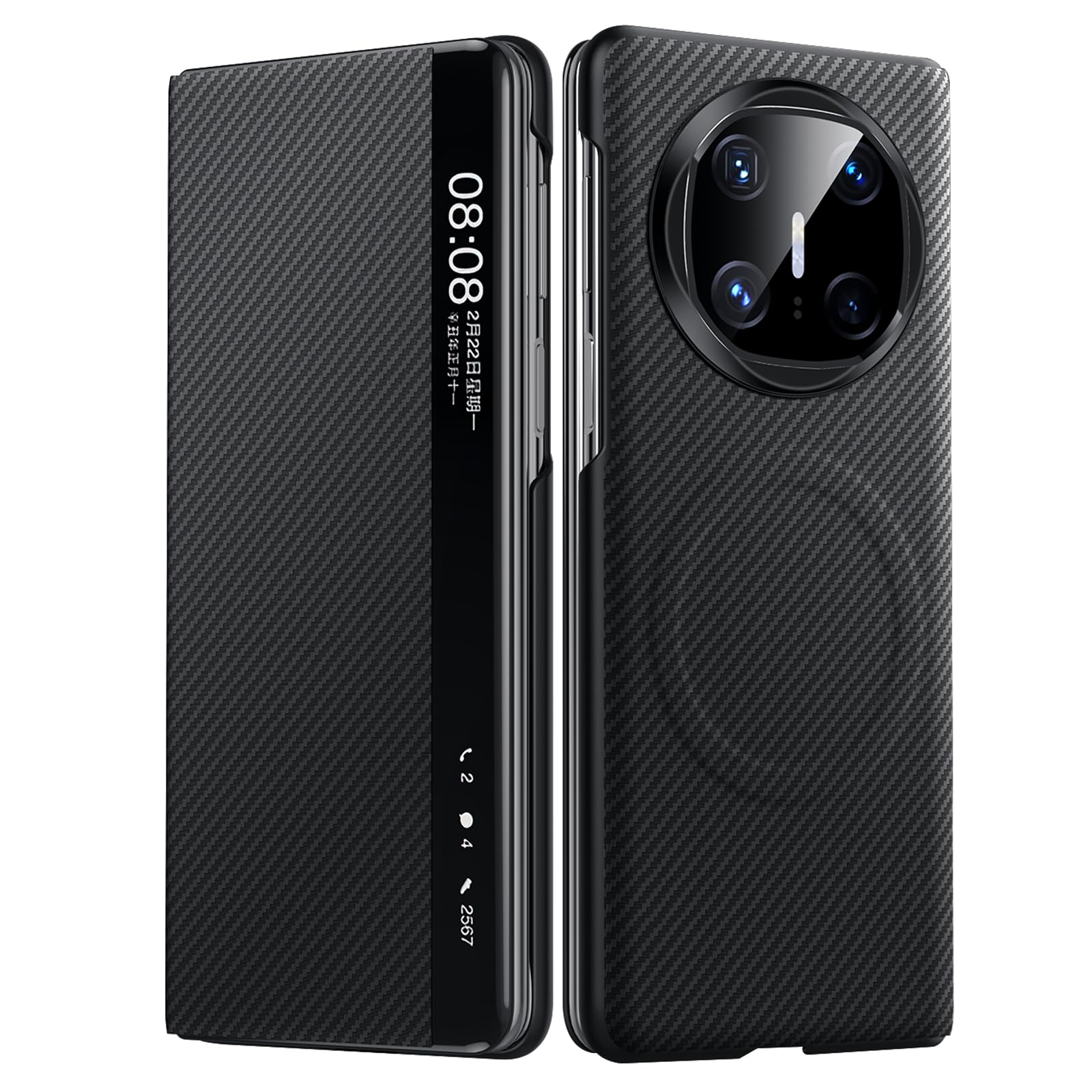 Skórzane etui do Huawei Mate X6, magnetyczne etui z teksturą włókna węglowego, funkcja widoku okna, ochrona całego korpusu, etui biznesowe, czarne, Mate X6