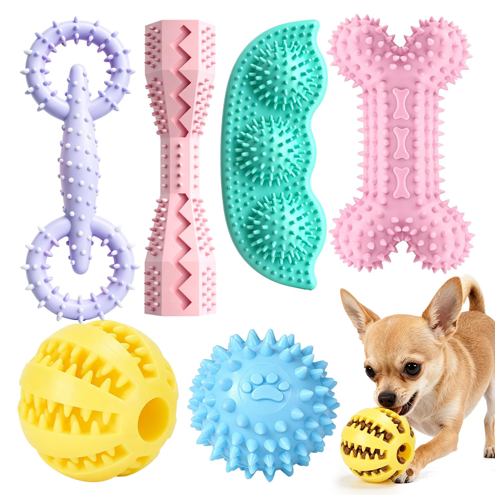 6 Pack Puppy Teething Chew Toys with Squeakers in Various Colors