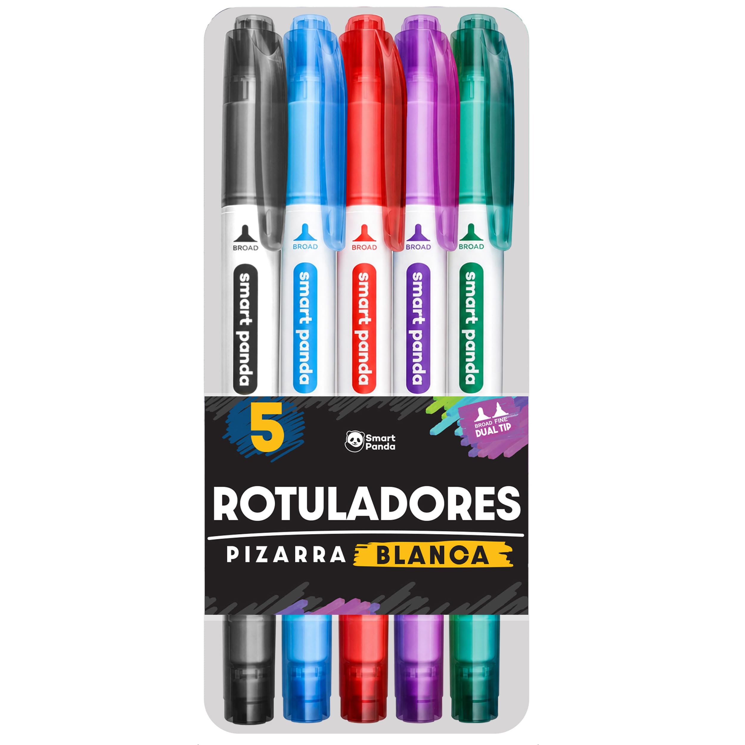 Rotuladores Pizarra Blanca de SmartPanda – Rotulador Pizarra Blanca, Punta Doble, Mediana y Fina – Rotuladores Punta Fina para Pizarras Blancas - Borrado en Seco para el Hogar u Oficina – 5 Colores
