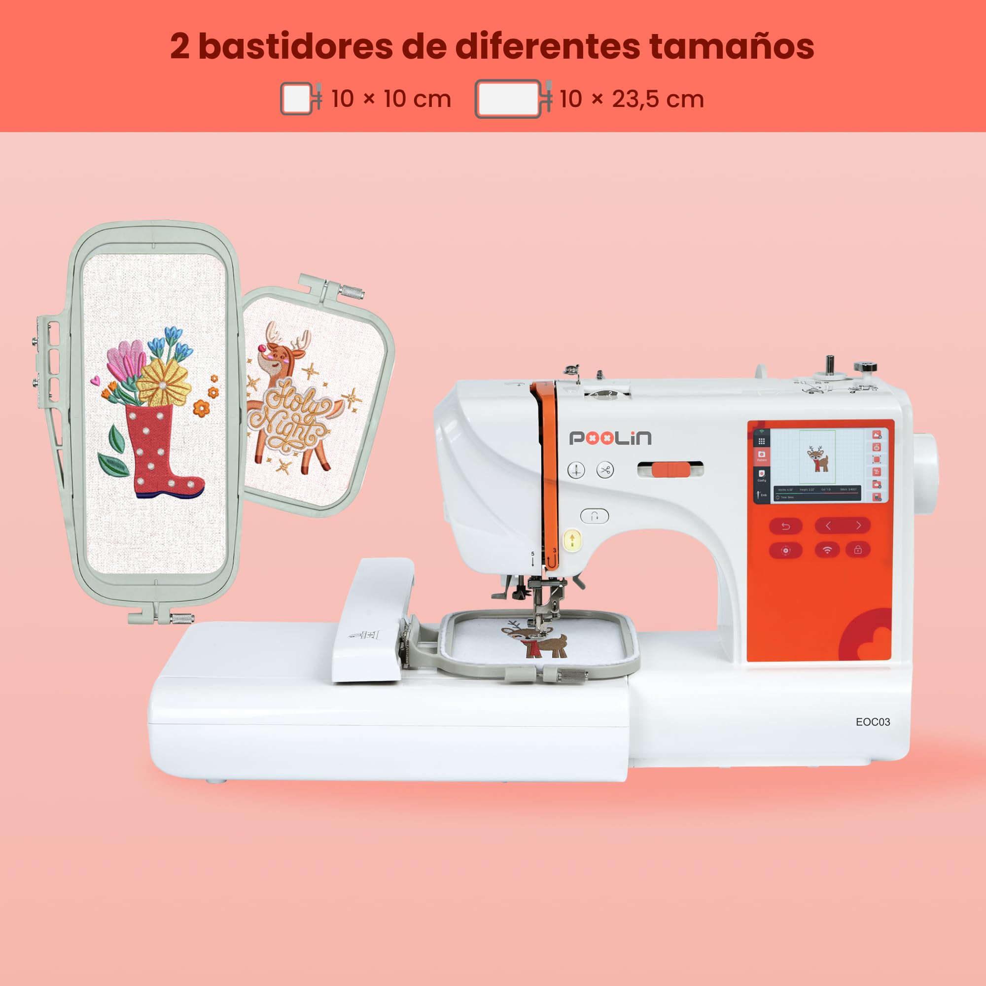 PooLin EOC03 Máquina de bordado – Máquina de bordar electrónica – Pantalla táctil LCD de 4,3″, bastidores de 10×10 cm y 10×23,5 cm, importación de diseños por USB/Wi-Fi, ideal para principiantes y exp