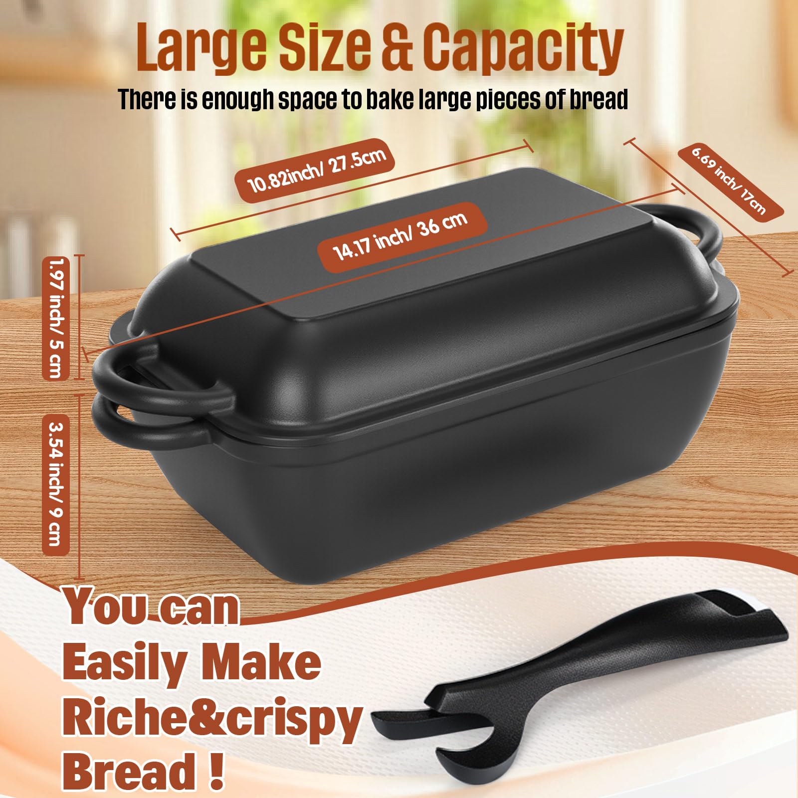 Maxdot 2-in-1 Gusseisen-Brotpfanne mit Deckel, 5,7 qt, antihaftbeschichtet, Kastenformen mit Doppelgriffen, Deckelhebel, Ofen für Sauerteigbrot, Backen Braten zum Backen von Brot, Kochen und Braten