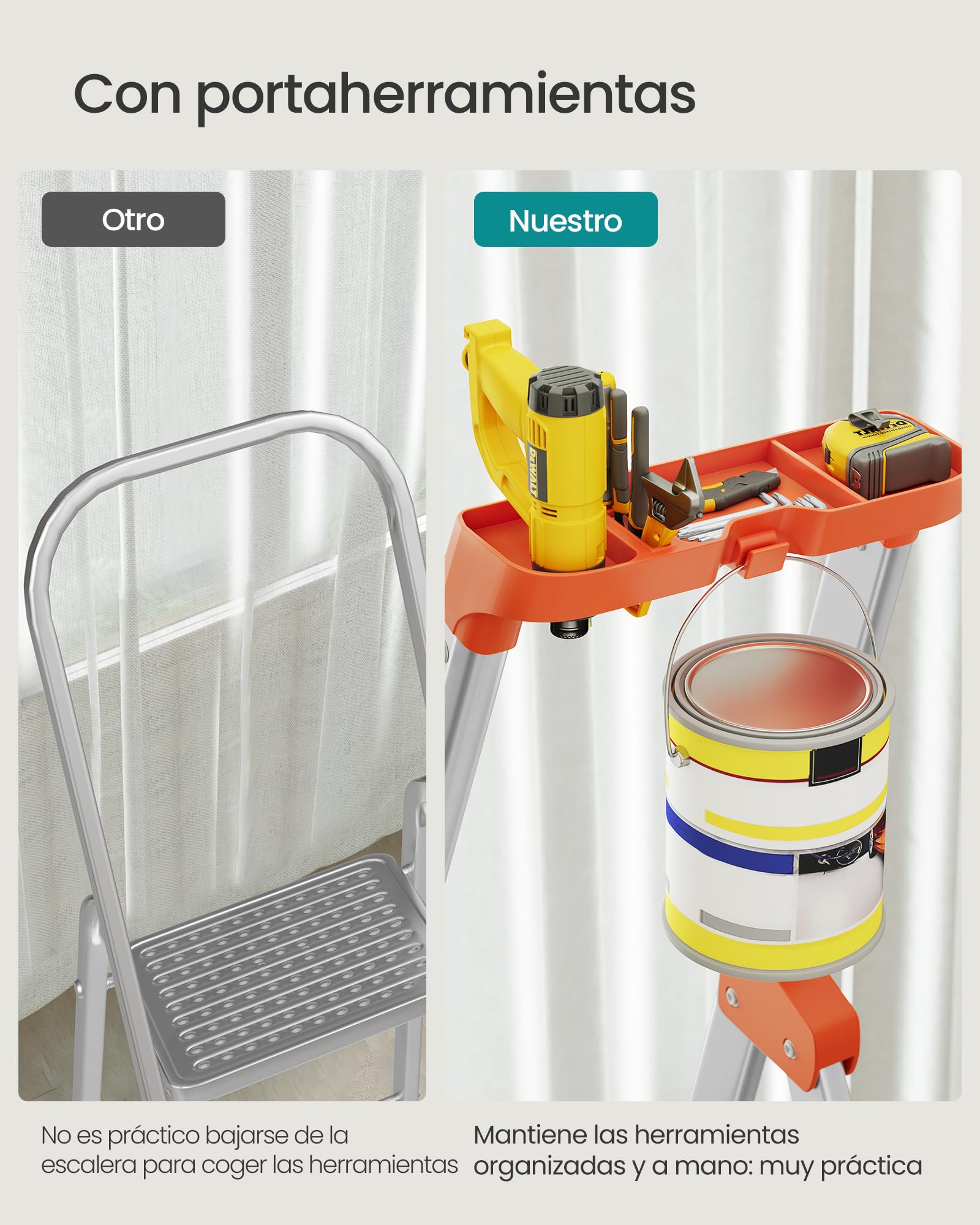 SONGMICS Escalera de 6 Peldaños, Escalera de Aluminio con Peldaños de 12 cm de Profundo, Plegable, Bandeja y Pies Antideslizantes, Carga de 150 kg, Negro y Naranja GLT06BK