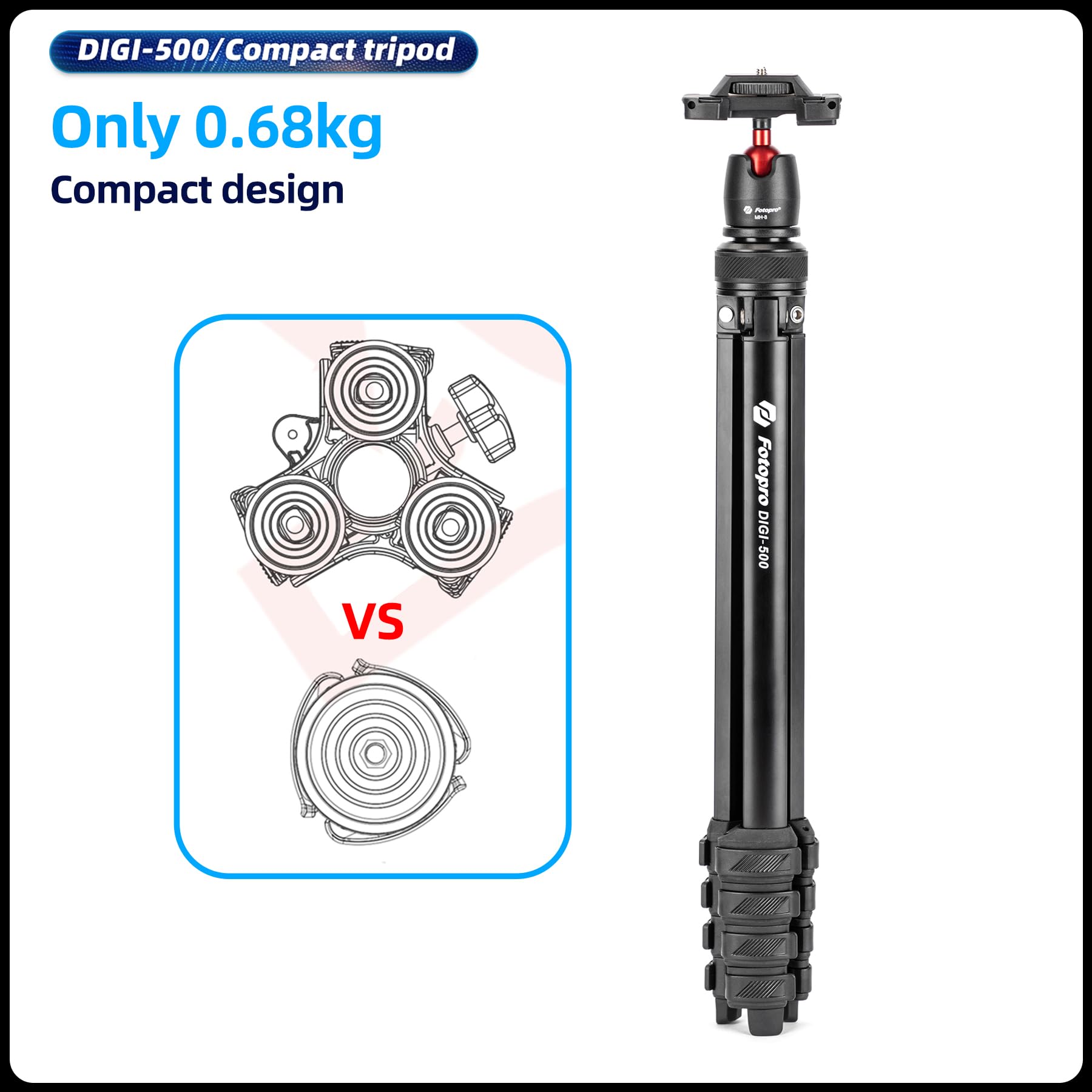 Fotopro Treppiede per fotocamera da 162,6 cm con clip per telefono 2 in 1, testa video fluida nascosta, 0,7 kg, leggero, portatile, da viaggio, per fotocamera e telefono, carico massimo 3 kg