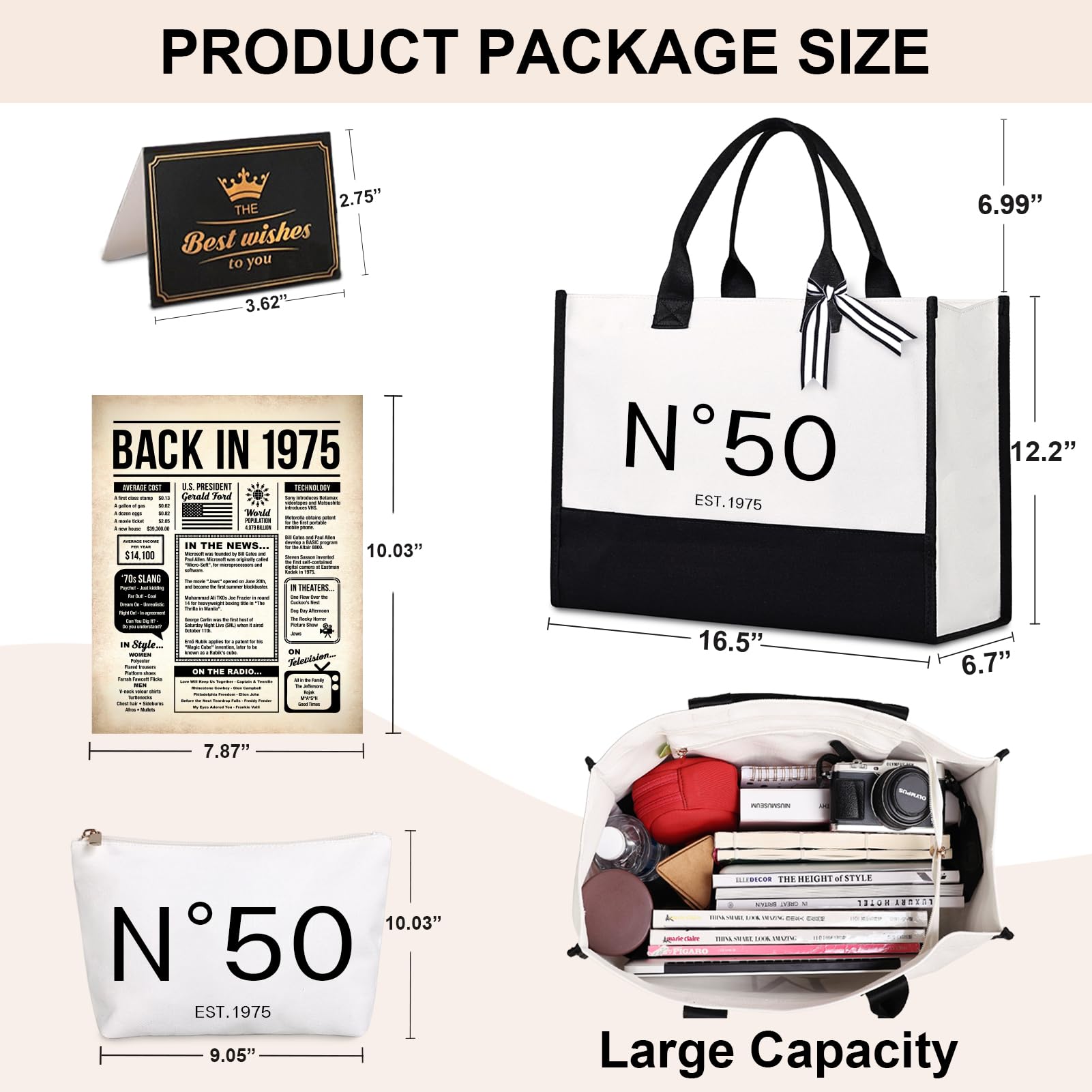 Lamyba 50th Birthday Gifts for Her, 50s Birthday Decorations for Women/Wife/Mom/Friends/Sister, no 50 Tote Bag & Cosmetic Bag & Back in 1975 Poster