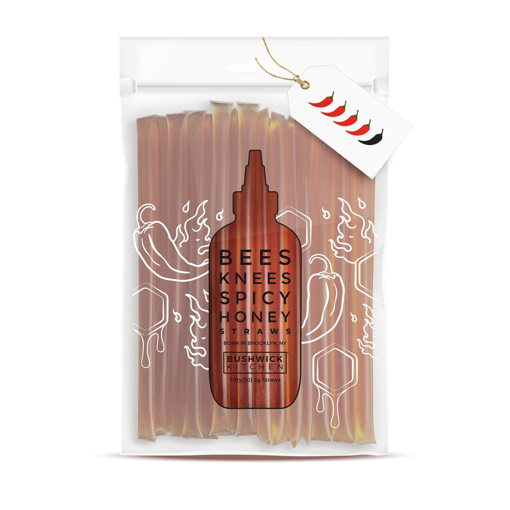 Bees Knees Spicy Raw Honey Sticks, 50 Count of Raw Honey Sticks for Tea, Made in the USA, Sweet with a Kick, Pure & All Natural, Unfiltered & Gluten Free, 50 Straws