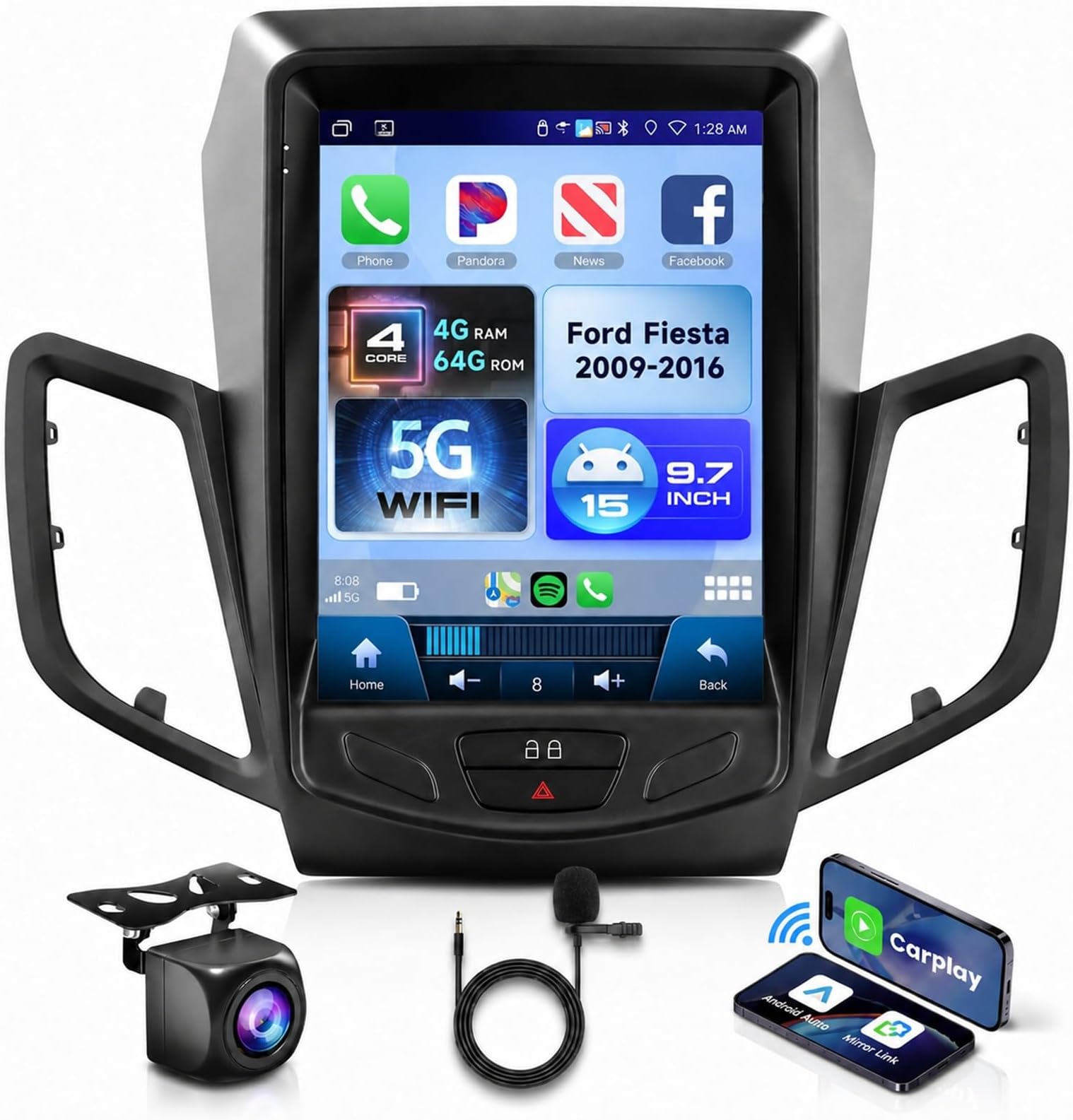 4G+64G Car Radio for Ford Fiesta 2009-2016 Android Car Stereo Upgrade with DSP Wireless Carplay/Android Auto, 9.7" HD IPS Touch Screen Radio Bluetooth 5.0 GPS WiFi FM/RDS SWC Backup Camera