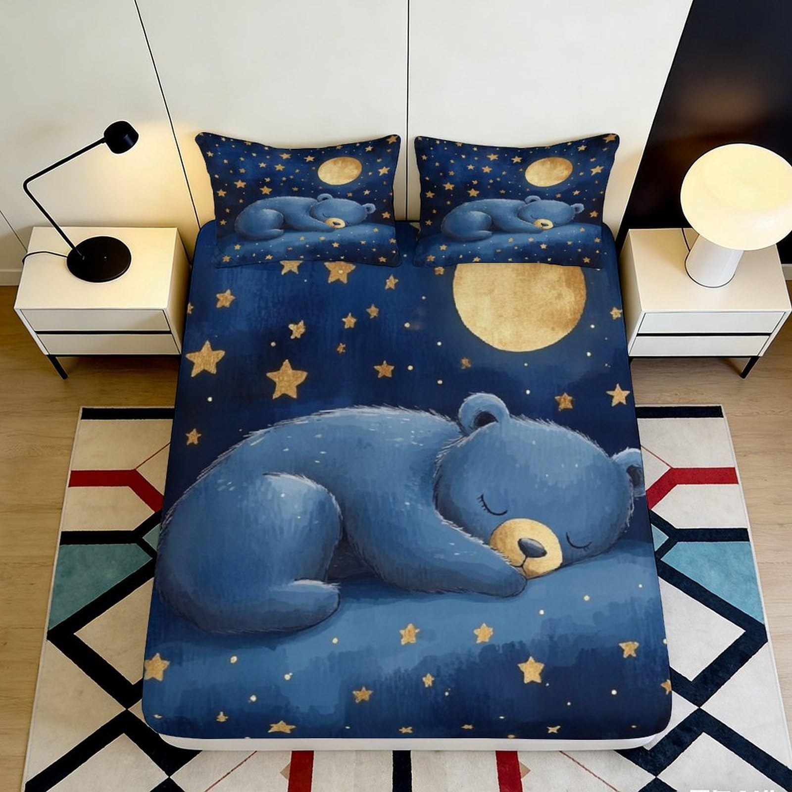 3D Printed Starry Bear Fitted Sheet Microfiber Deep Pocket Non-Slip Bedroom Bedding Star Bear Mattress Fitted Cover 90x200x25cm 90x200x25cm
