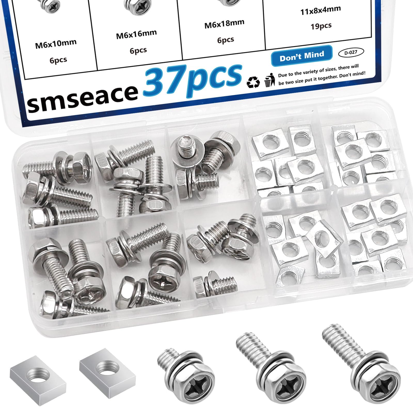 smseace 37pcs Motorcycle Battery Terminal Nuts and Bolt Kit M6x10/16/18mm Stainless Steel Square Nut and Bolts Used for DIY，Motorcycles，ATV D-027