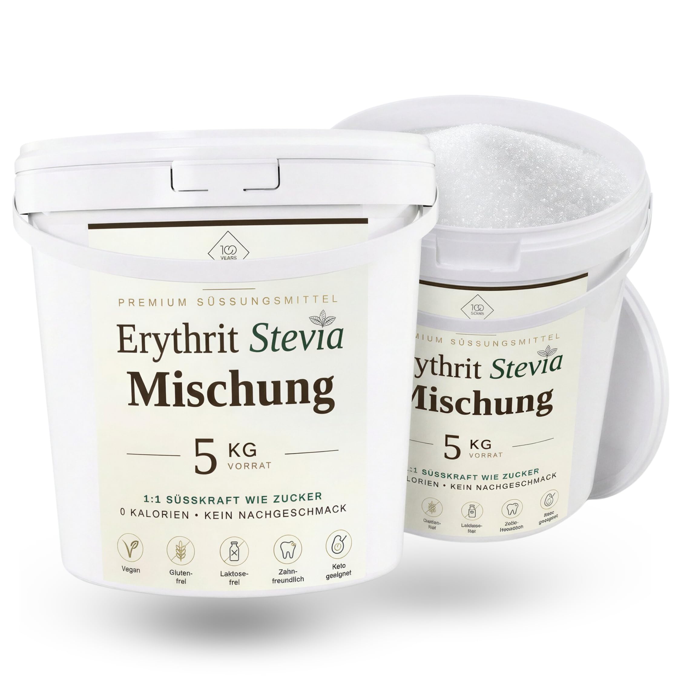 Erythrit mieszanka stewii, wiadro 2 x 5 kg – zamiennik cukru bez kalorii o mocy 1:1 słodkości jak cukier, mieszanka stewii bez gorzkiego posmaku, kawy i napojów, wegańska, keto, niskowęglowodanowa