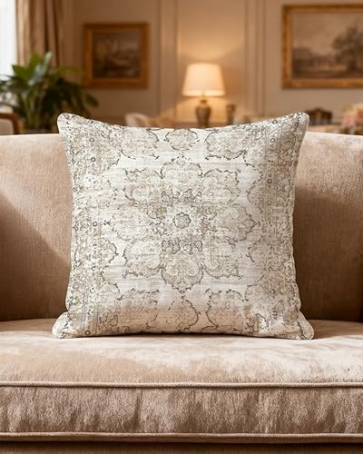 Boho Pillow Cover 18x18 – Vintage Neutral Beige & Cream