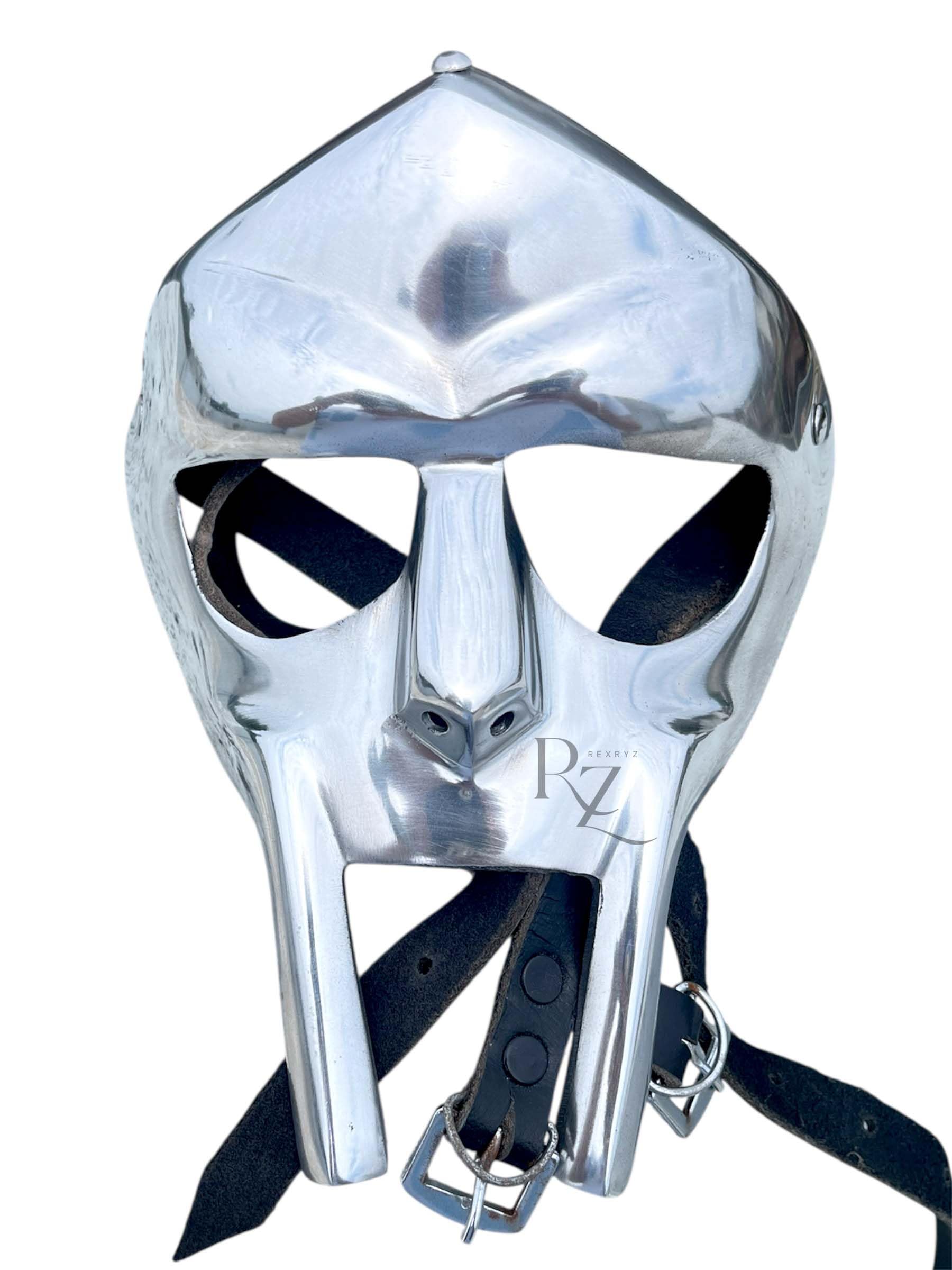 REXRYZ MF Doom Medieval Gladiator Mask, Hand-Forged Metal Face Armour, Silver Roman-Style Costume Mask Halloween Party Mask