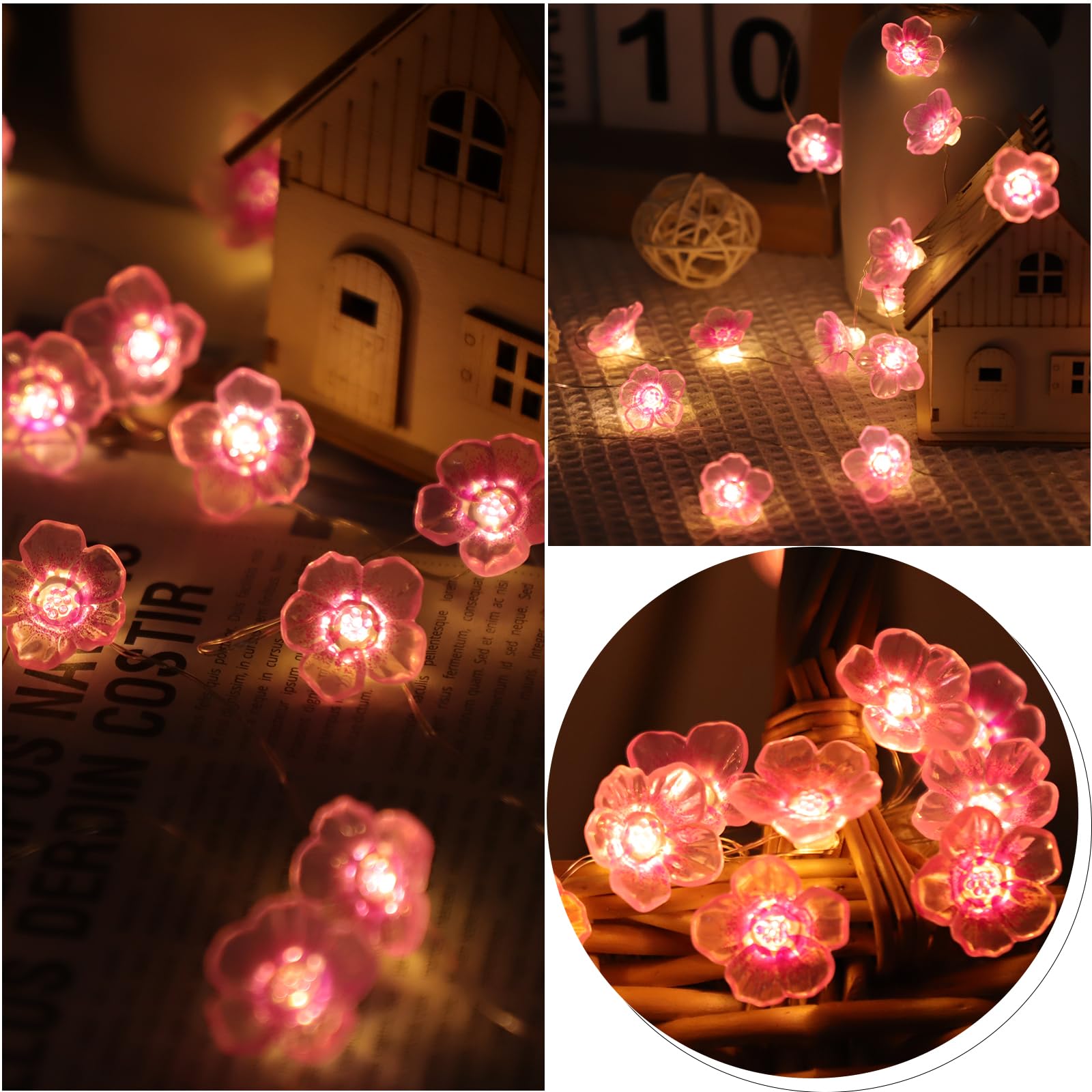 Łańcuch świetlny LED z kwiatami, łańcuch świetlny na baterie z timerem, 20 diod LED, 2 m, kwiaty wiśni, dekoracja na wiosnę, zasilanie bateryjne, dekoracyjne światła na imprezę, do sypialni, na Boże