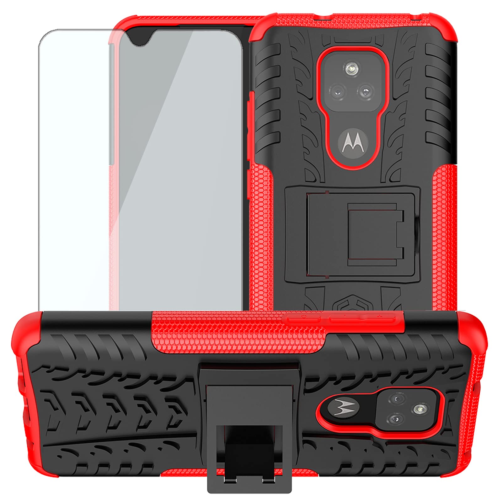 Phone Case for Moto G Play 2021 with Tempered Glass Screen Protector Cover and Stand Kickstand Hard Rugged Hybrid Protective Cell Accessories Motorola GPlay2021 6.5 XT2093DL XT2093-7 Cases Black Red