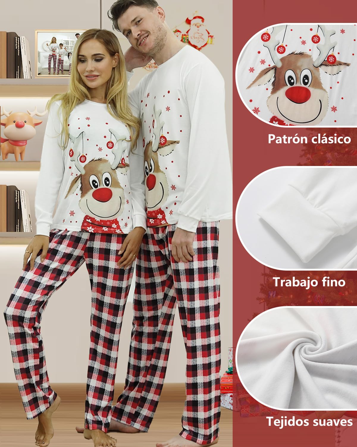 DDKJ Pijama Navidad Familia,Pijamas de Navidad para la Familia con Estampado de Reno,Pijama Navideño Familiar a Cuadros Rojos y Negros,Pijamas Navideños Pareja/Niños/Niñas/Bebe