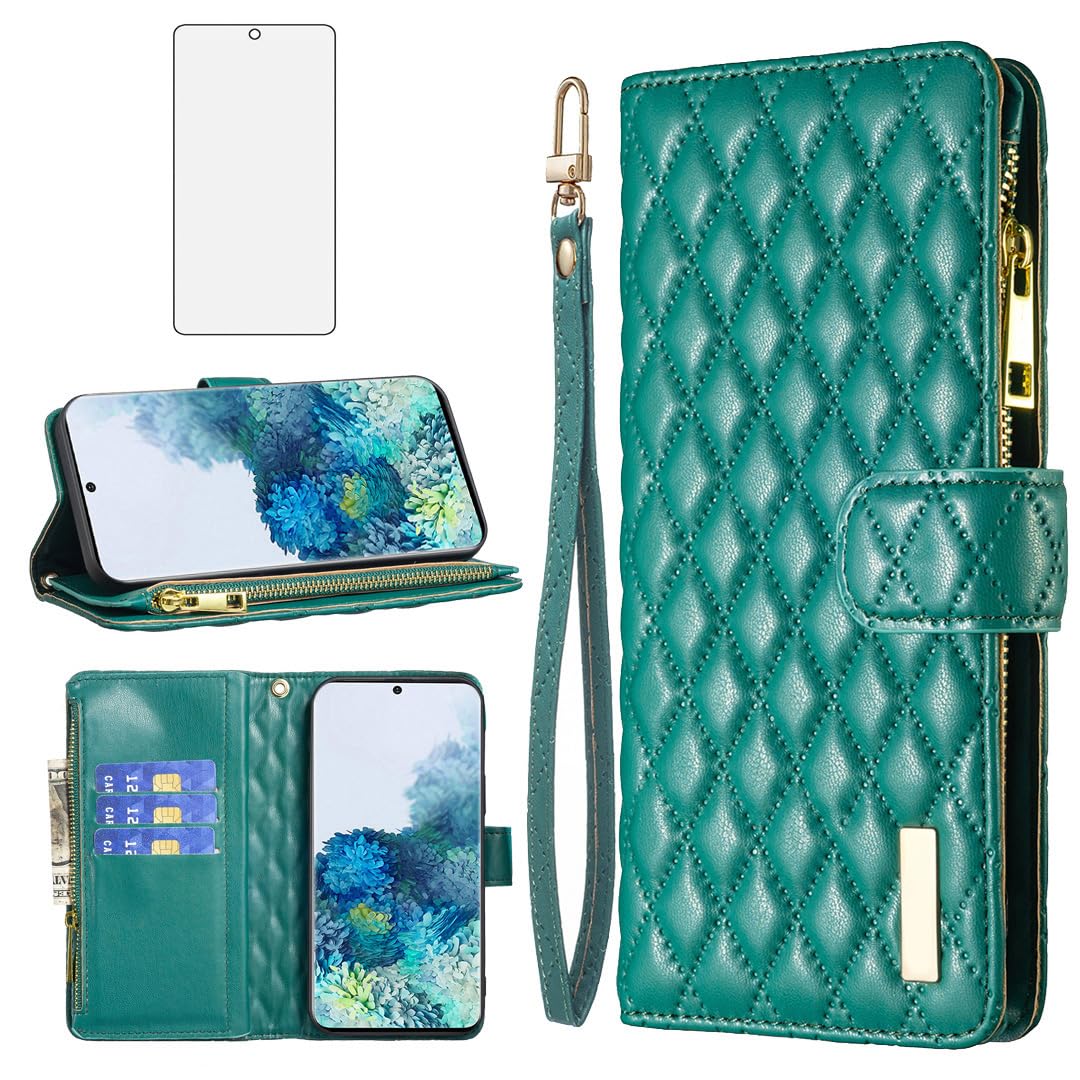 Asuwish Phone Case for Samsung Galaxy S20 5G 6.2 inch Wallet Cover with Tempered Glass Screen Protector and Leather Flip Credit Card Holder Stand Cell Accessories S 20 20S UW S2O G5 Women Girls Green