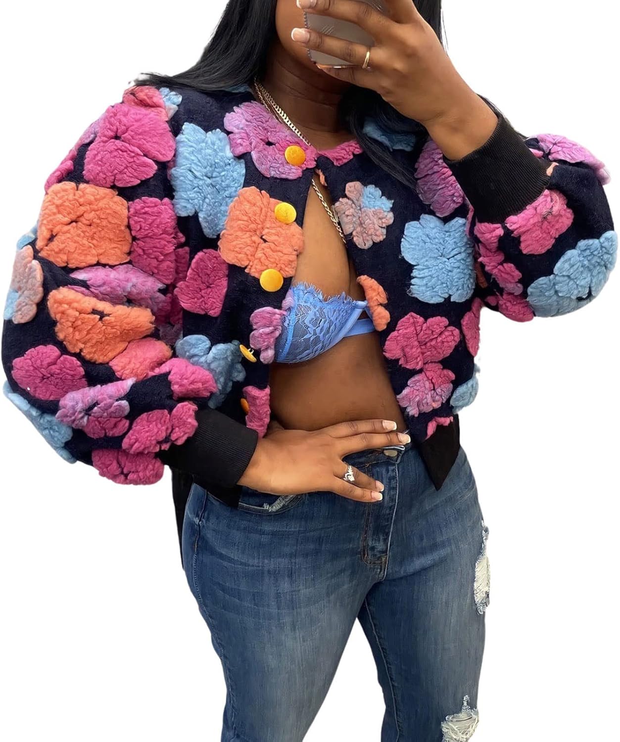 KANSOON Bomber Jacket Women Cropped Floral Button Down Varsity Jacket Long Sleeve Casual Streetwear Fall Winter Warm Coat