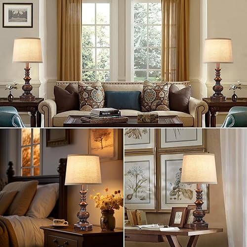 Miniatura 2 de Juego de 2 lámparas vintage para mesita de noche para dormitorio, con puertos de carga USB, lámpara de mesa pequeña rústica para mesas auxiliares de