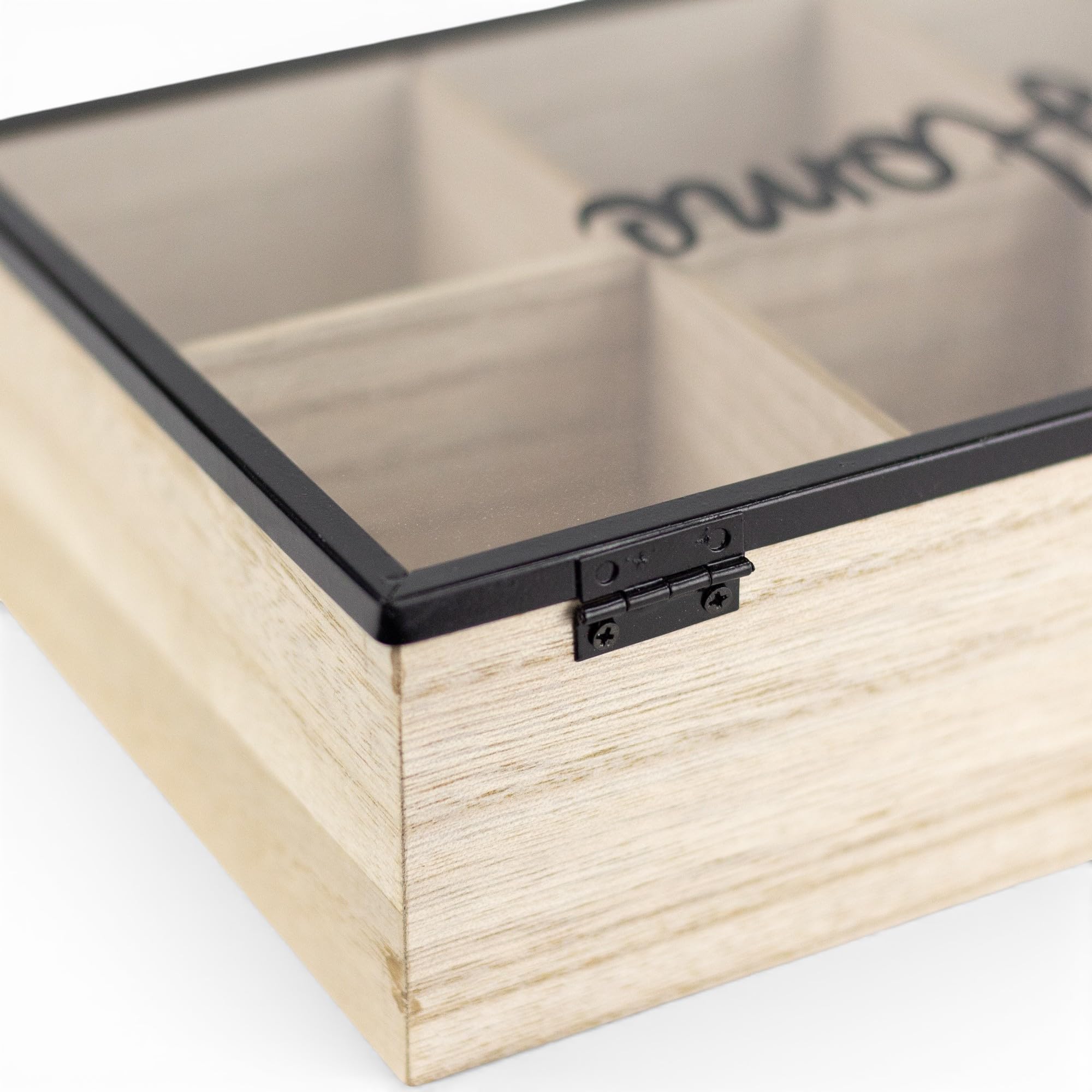 Pincho Organizer für die Küche, Teebox, Teebox mit 6 Fächern, Deckel mit transparentem Fenster, sortierte Teebeutel, Holz, 24 x 16 x 8 cm