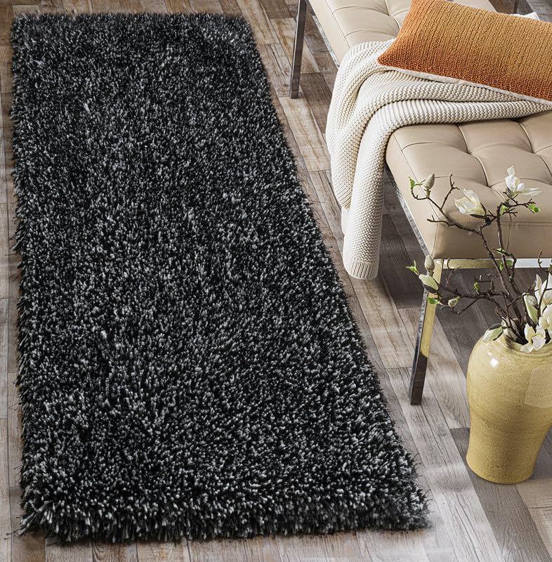 Image of FIASCO Tie Dye Shaggy Carpet Bedside Runner | 2 Inch Pile Height Back in Canvas for Bedroom, Kids Room, Guest Room Microfiber Soft Plush Fluffy Shaggy Carpet | 1.5x4 Feet Black Light Grey Mix