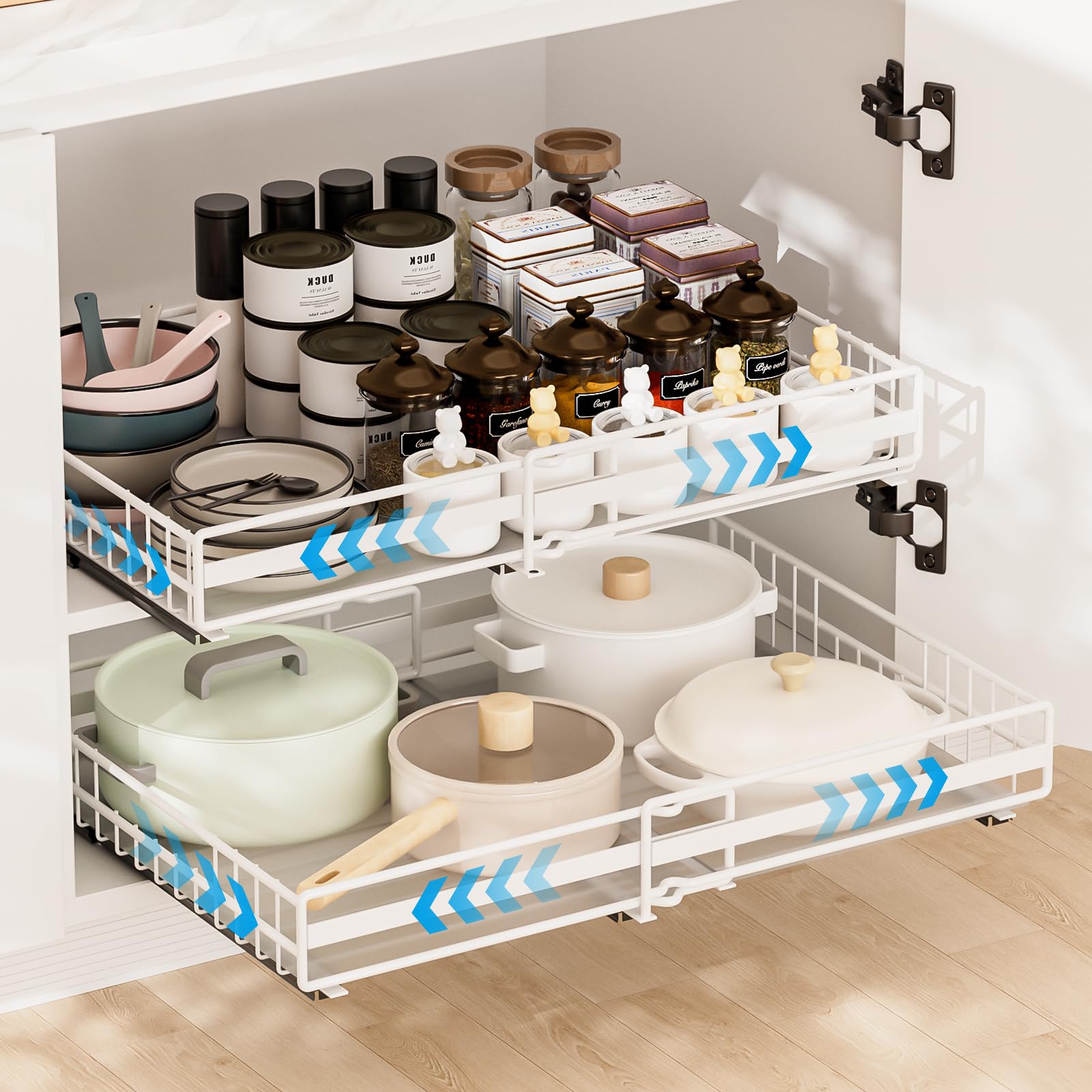 2 Piezas Cajón Telescópico Cajones Extraibles Armario Cocina Cajón Deslizante Para Alacena Cajón de Cocina Extensible Organizador de Cajones Ancho Ajustable 31-50cm/32-52cm, Sin Taladrar