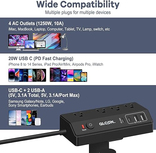 Miniatura 8 de Regleta de alimentación con abrazadera de escritorio, estación de carga rápida USB C de 20 W, cable de extensión de enchufe plano de 10 pies con 4
