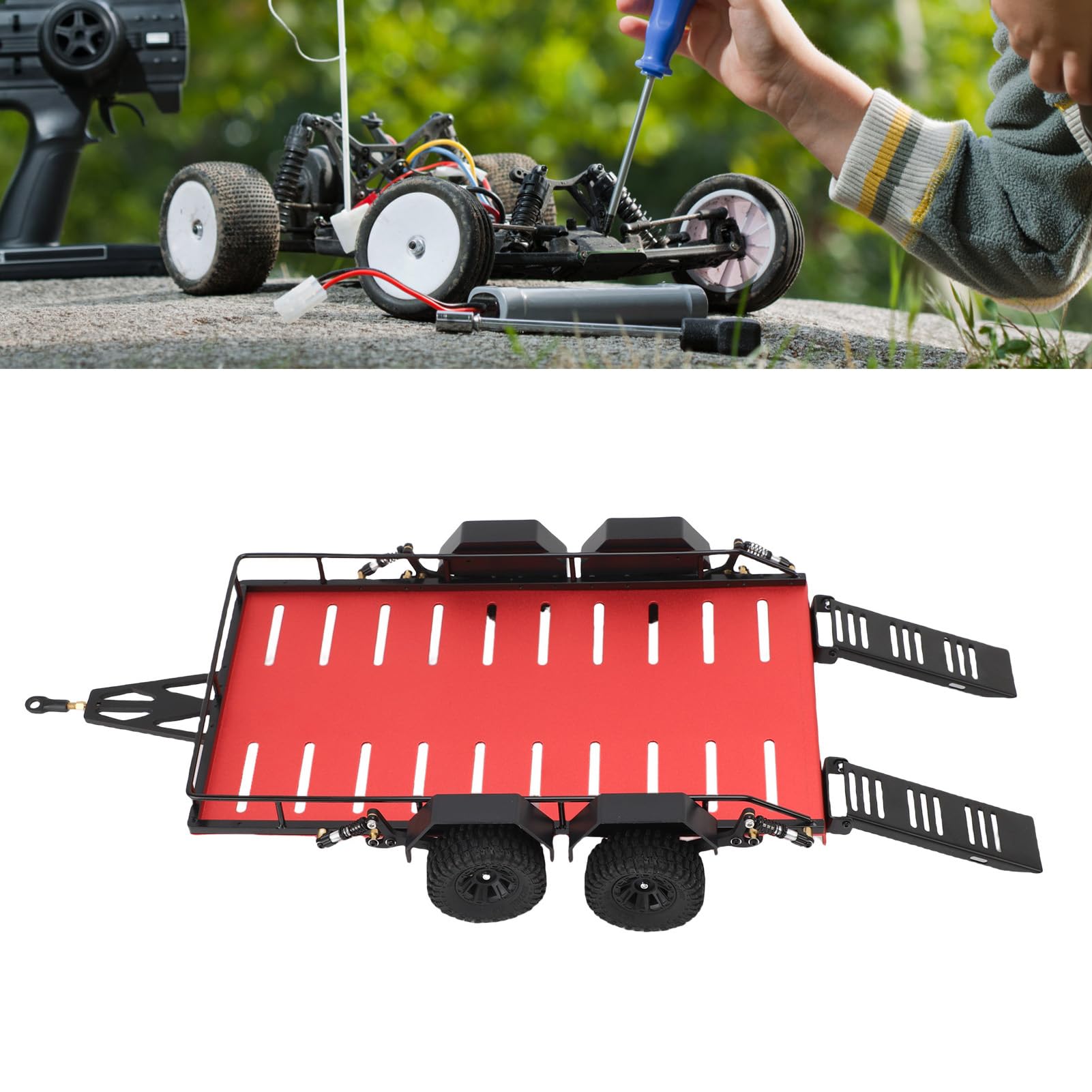 Przyczepa RC, 4 Koła ze Stopu Aluminium w Skali 1/18 z Niezależnymi Amortyzatorami Metalowa Przyczepa z płaską platformą, Gąsienicowa z ukrytą rampą do Różnych Samochodów Terenowych RC