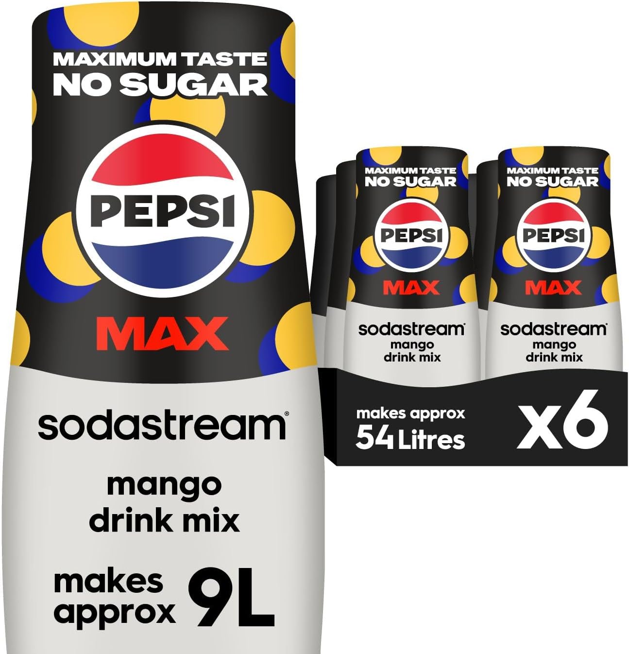 Pepsi MAX Mango Fizzy Water Flavouring Syrup, Sugar Free Soda Syrup, Zero Sugar Pepsi Flavour, 6 x 440ml Multipack, Home Soda, Flavoured Sparkling Water, Drink Mix, Makes Approx 54L