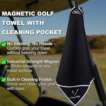 Magnetic Golf Towel - Exclusive Cleaning Pocket–18"x18"–Strong Magnet for Golf Cart or Club