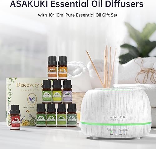 Miniatura 4 de ASAKUKI Difusores de aceite esencial con 10 unidades de 0.3 fl oz de aceite esencial puro, 5 en 1 ultrasónico de 10.1 fl oz de aromaterapia
