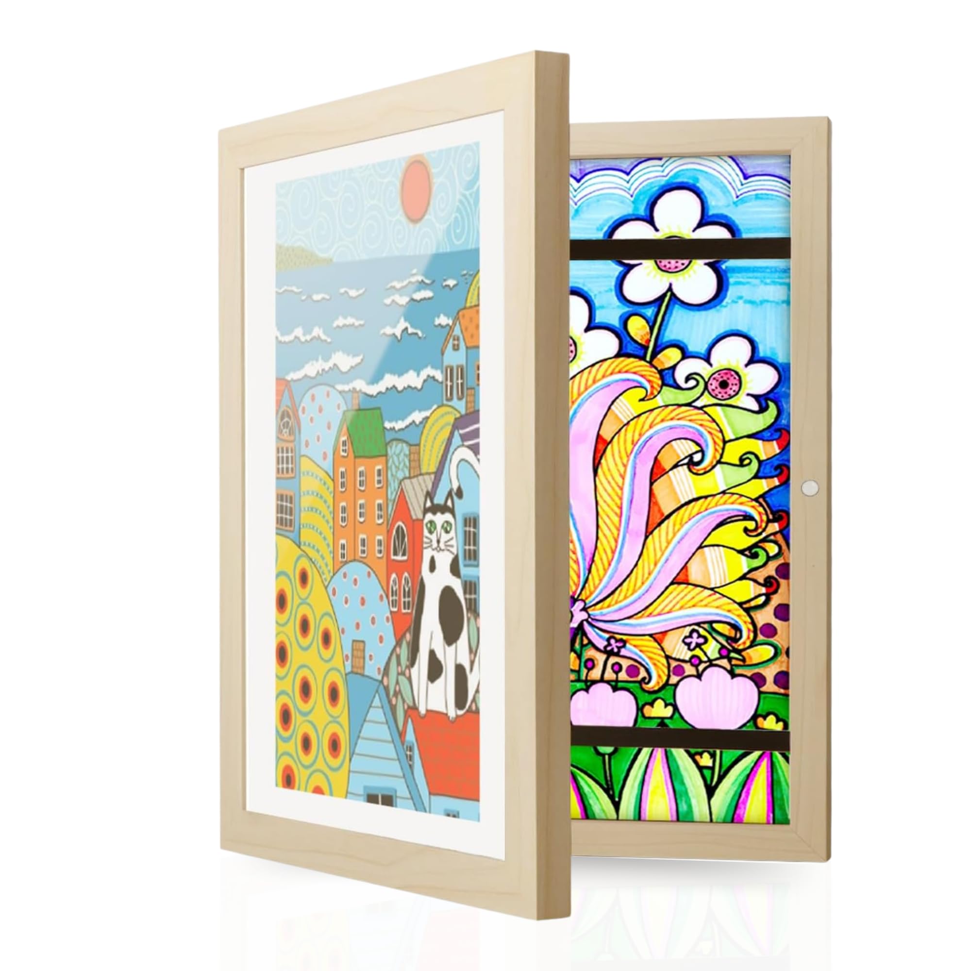 Krobby - Marco para Dibujos Niños color madera A4 apertura frontal con iman, intercambiables marco de arte para niños proyectos de arte escuela trabajo manualidades A4 arte de pared (Madera)