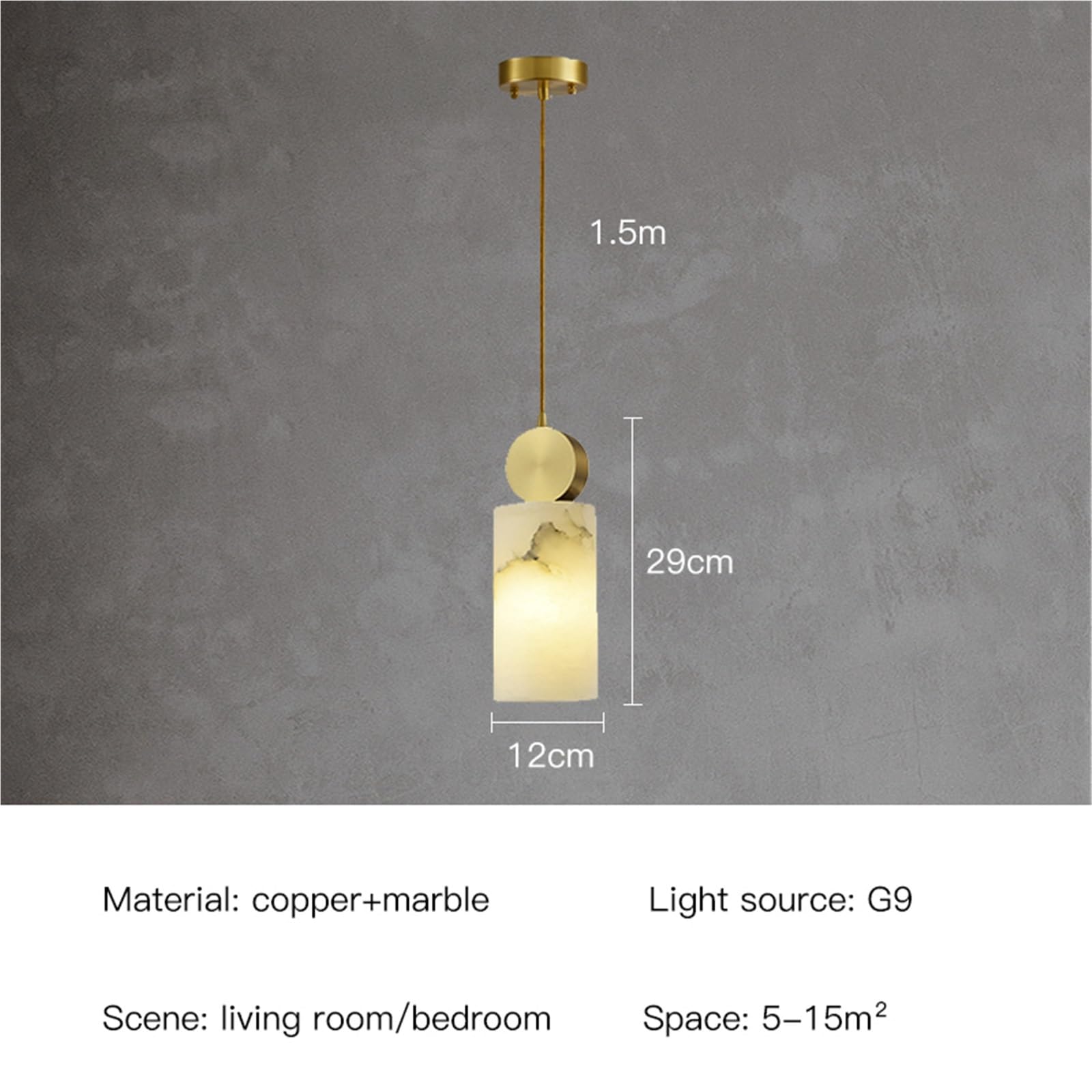 Lampada a Sospensione in Marmo e Rame per Camera da Letto, Comodino, Soggiorno, Sala da Pranzo, Cucina, Illuminazione Interna Moderna a LED, Lampada Singola di Lusso (Luce Calda, H29cm)