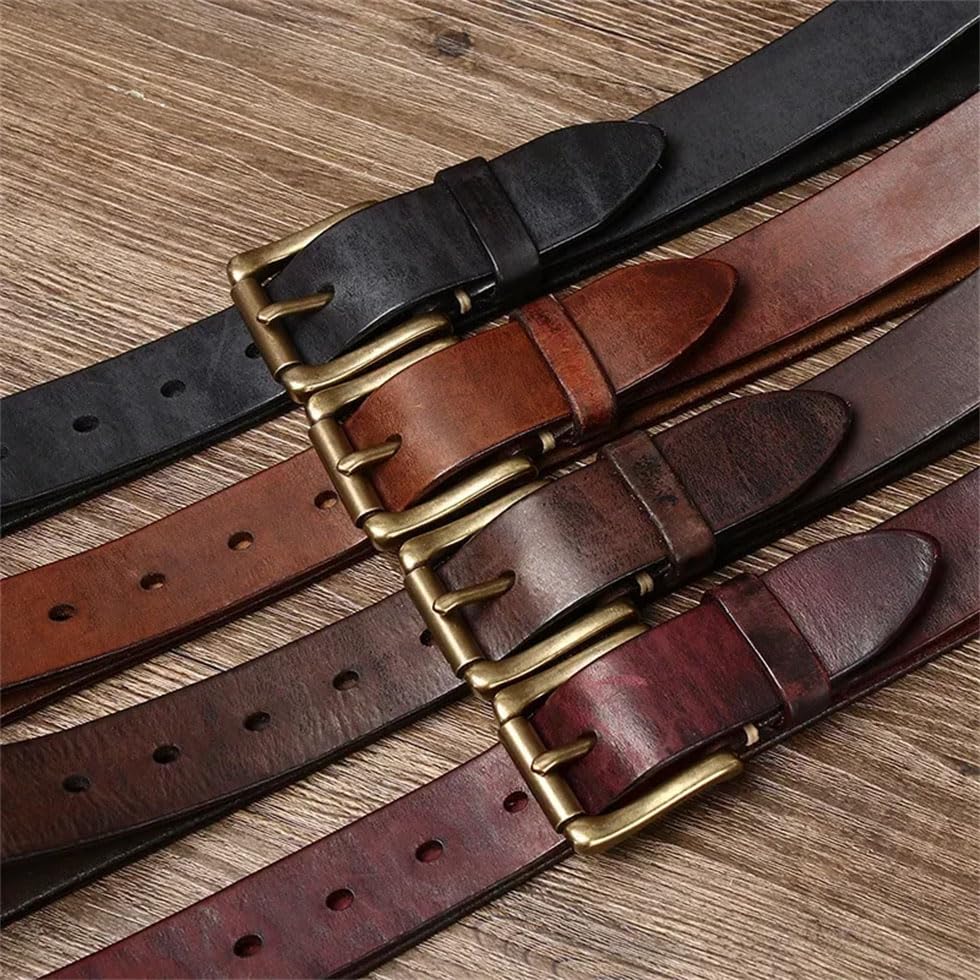 Pohullan Men Leather Belts Copper Buckle Jeans Belt Handmade Solid Artistic Retro Casual Belts3