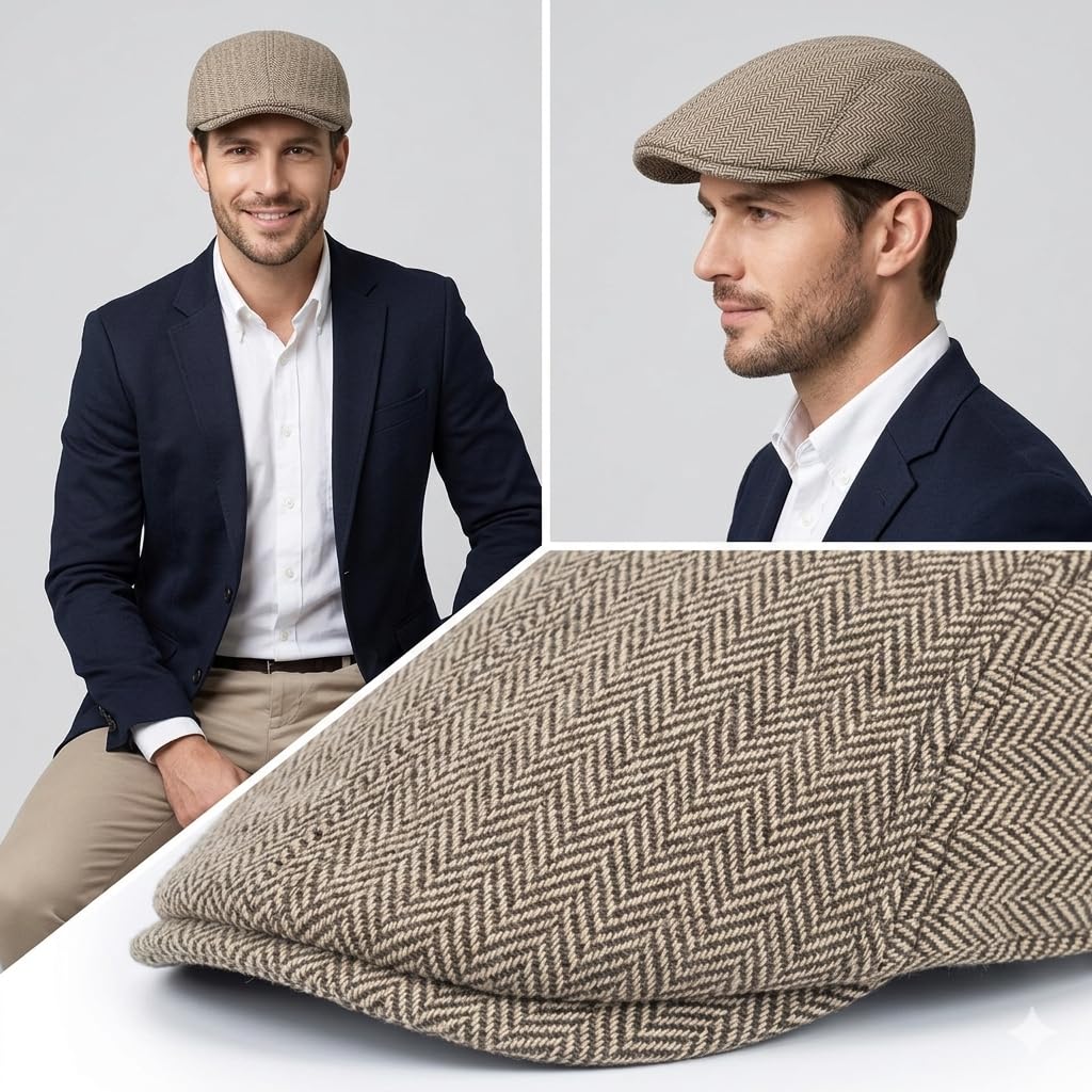 Men’s Flat Cap Peaky Blender Tweed Ivy Gatsby Cap – Classic British Style Newsboy Driving Golf Hat – Lightweight Breathable Vintage Fashion Cap for Men (Beige Peaky Blender Pattern) 1