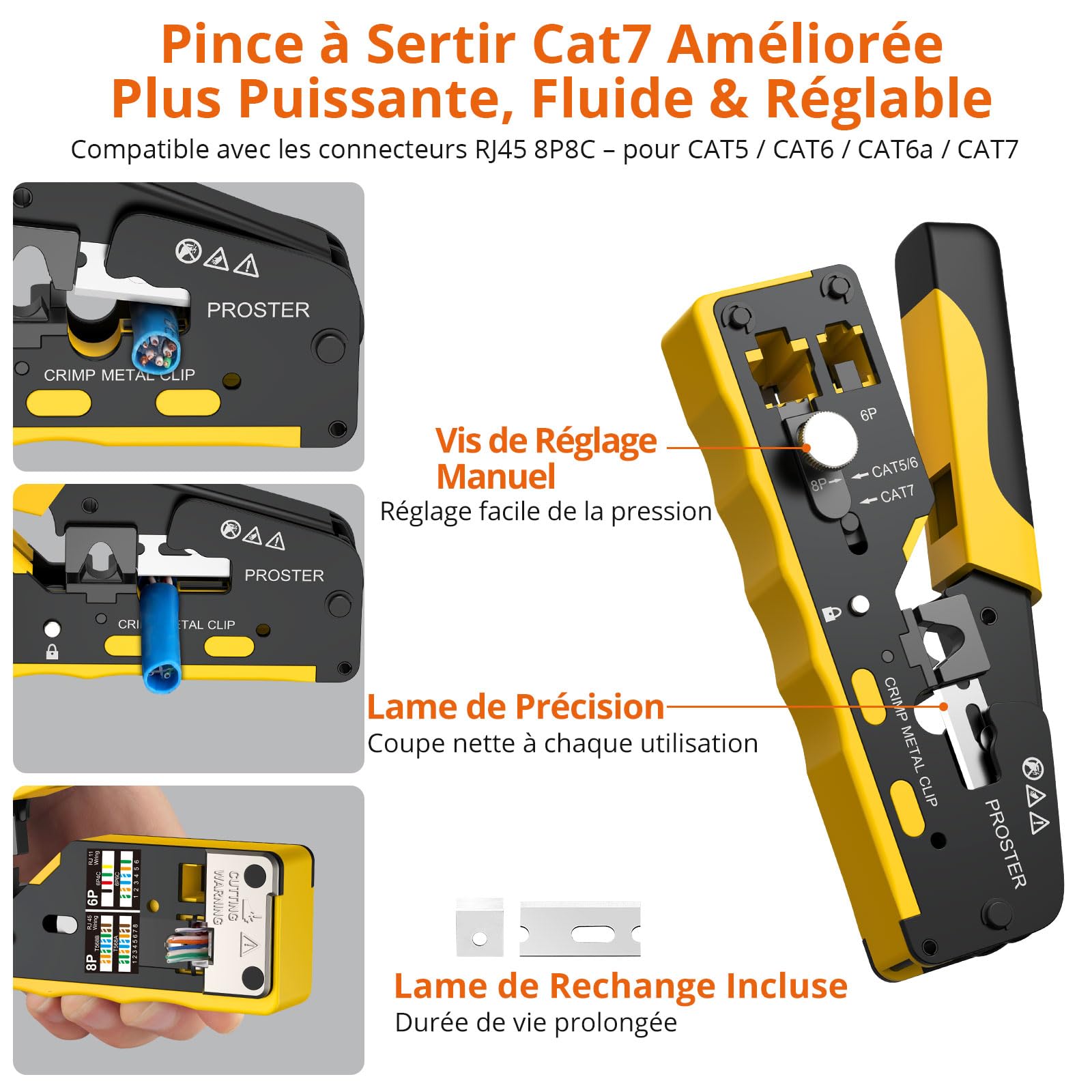 Proster Pince à Sertir RJ45 CAT7 Traversante – Outil de Sertissage Pass Through Ethernet 8P8C avec Testeur de Câble Rechargeable PoE, Connecteur Blindé CAT7/6 pour Installation Réseau et Téléphonique
