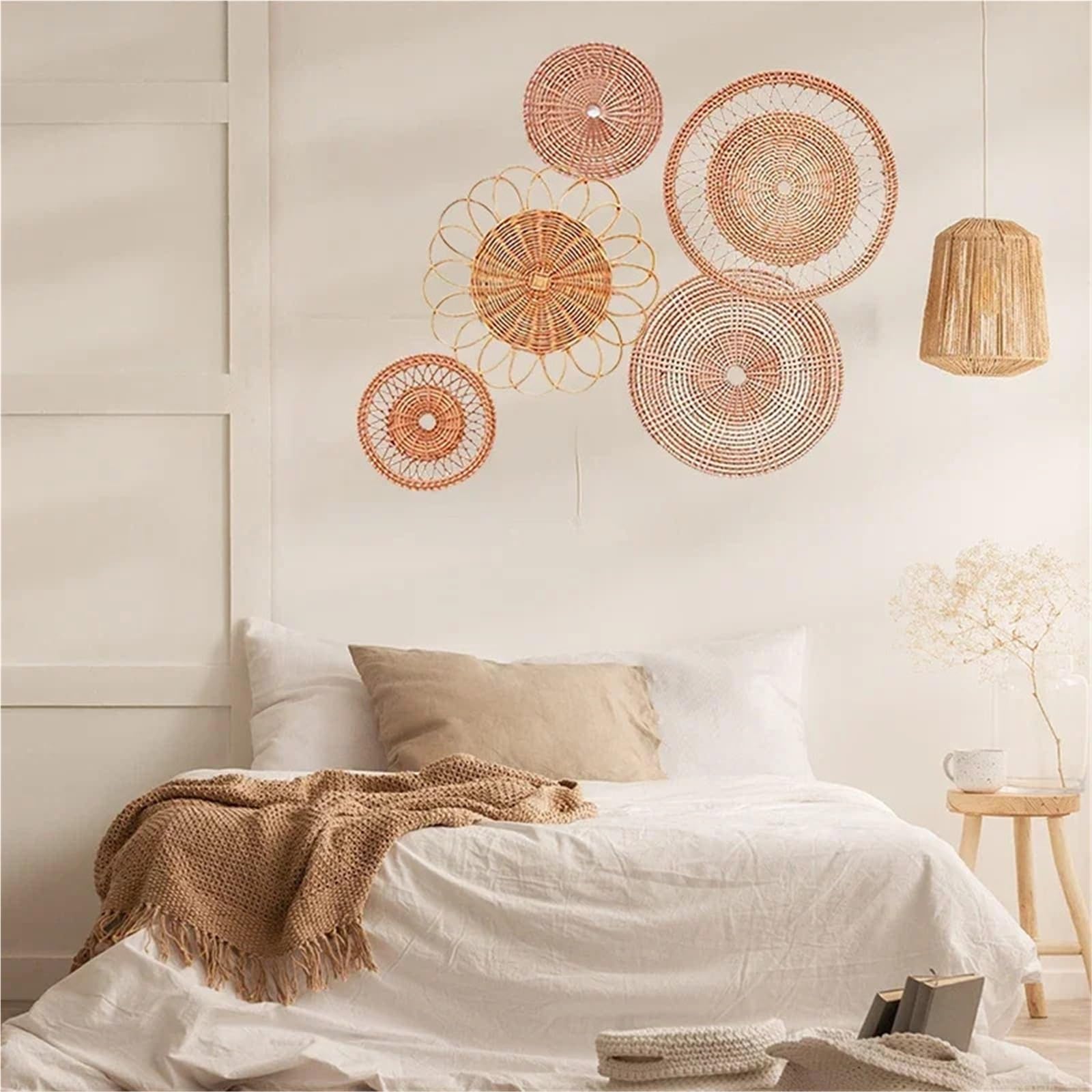 Cesta Mural de ratán Cesta de Pared Tejida, Juego de 5 cestas Colgantes de Mimbre for decoración de Pared, cestas de Pared Hechas a Mano for Sala de Estar y Dormitorio