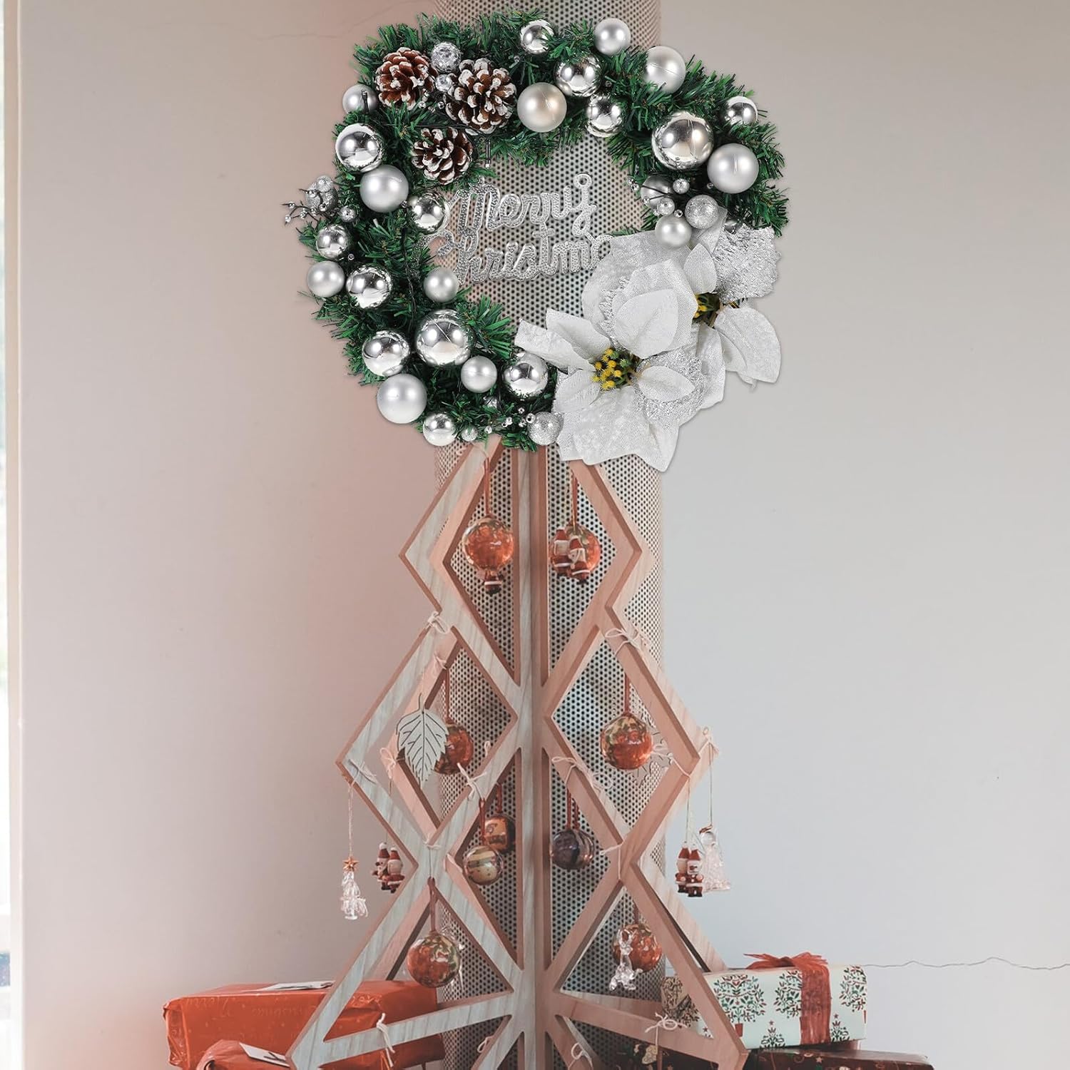 LED Silver 40cm Christmas Wreath Garland Decor with Artificial Flowers Battery Operated Luminous Hanging Floral Adornment for Holiday Room and Wedding Decoration