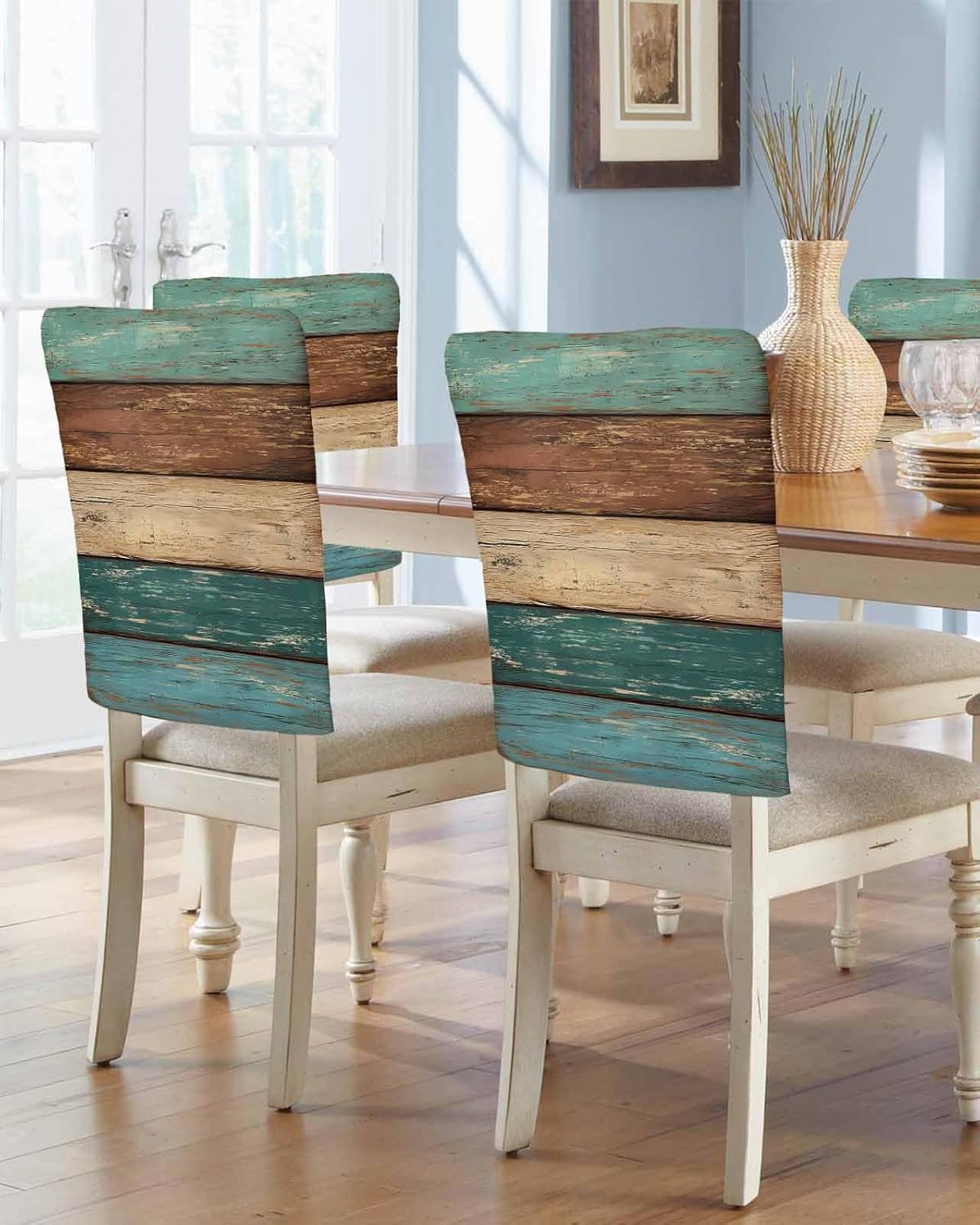 Teal Turquoise Wooden Chair Back Covers, Western Country Removable Chair Covers for Dining Chairs Set of 6, Rustic Farmhouse Washable Chairs Slipcovers Back Seat Protector for Wedding Party 19"x20"